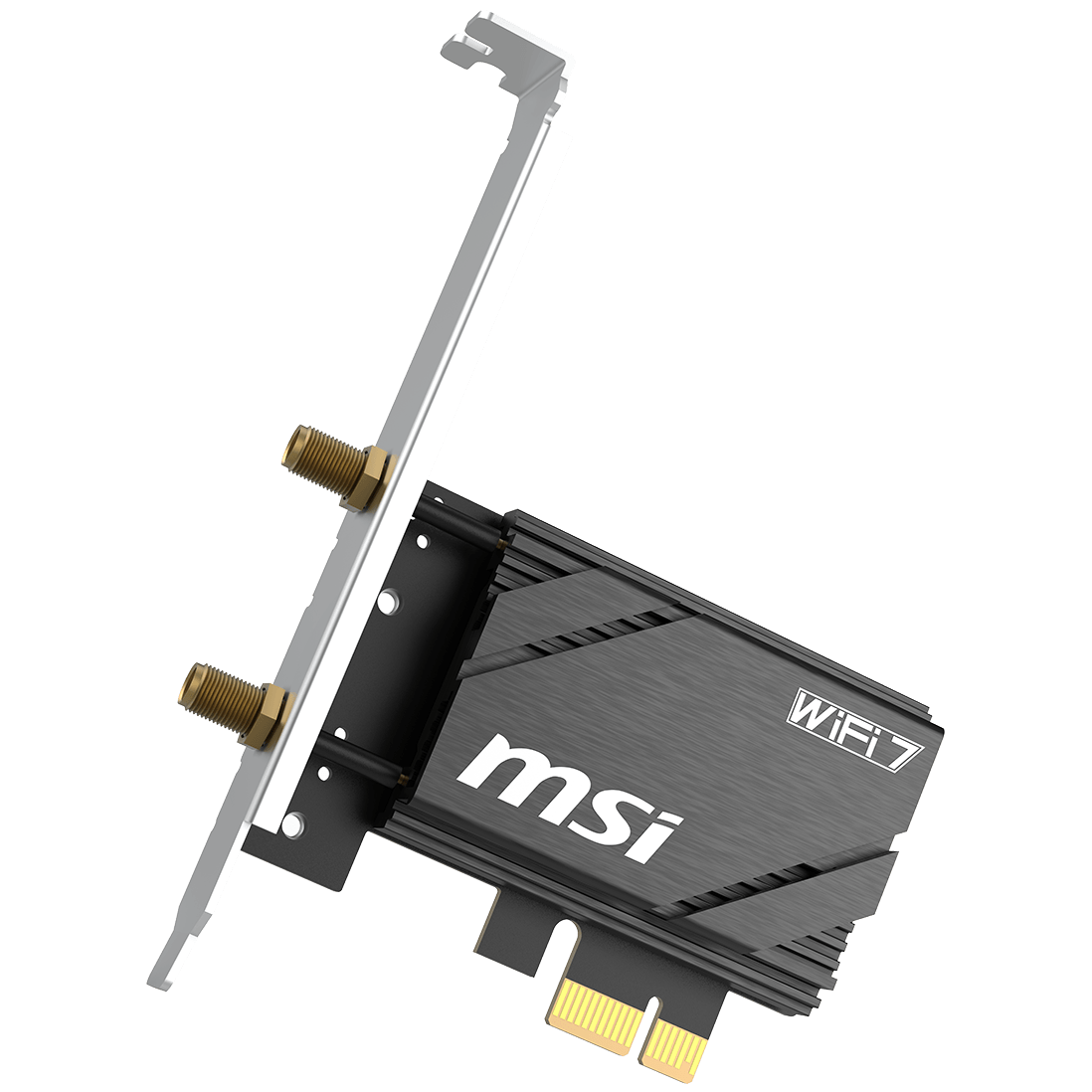 A large main feature product image of EX-DEMO MSI Herald BE6500 Tri-Band Wi-Fi 7 Bluetooth 5.4 PCIe Adapter Card