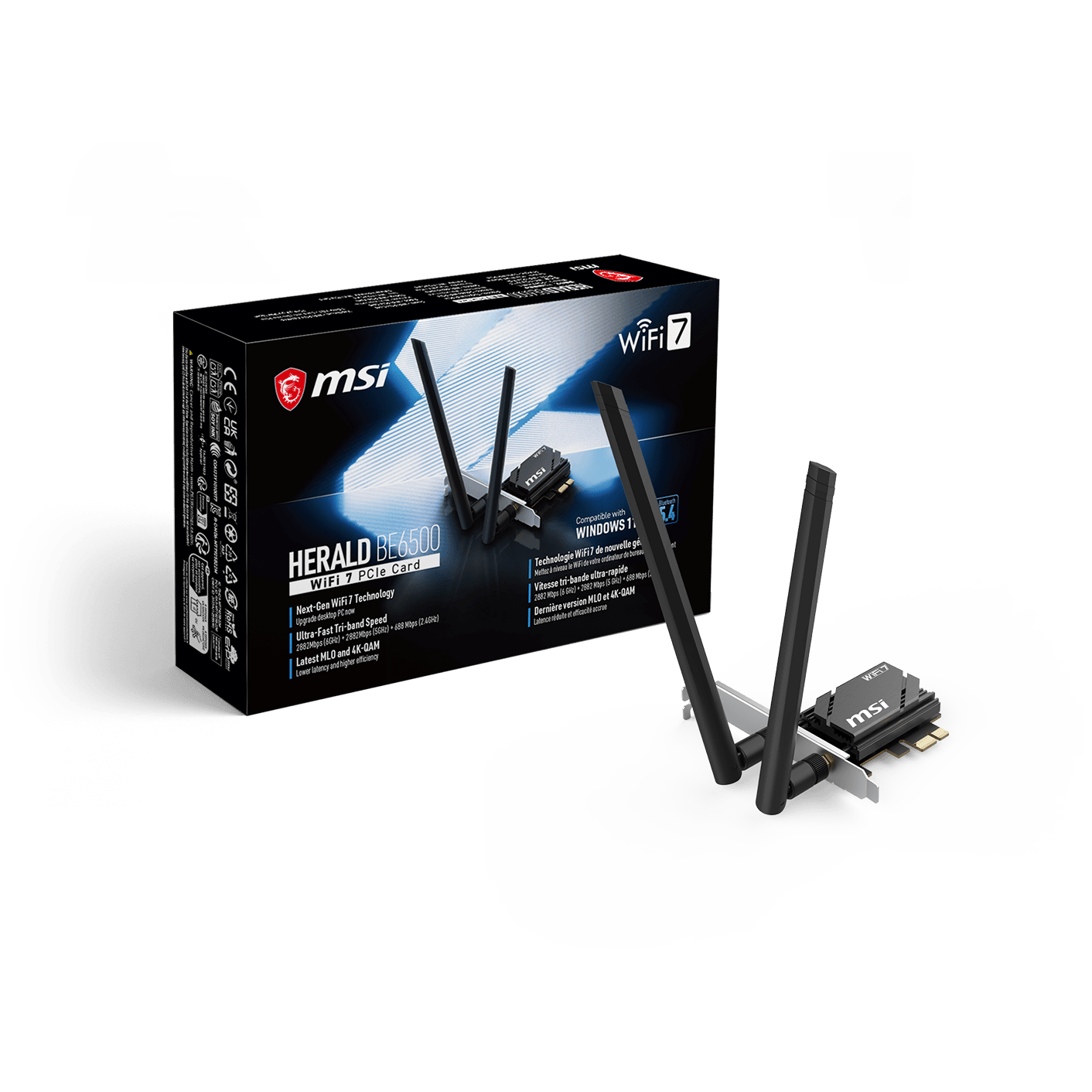 A large main feature product image of EX-DEMO MSI Herald BE6500 Tri-Band Wi-Fi 7 Bluetooth 5.4 PCIe Adapter Card