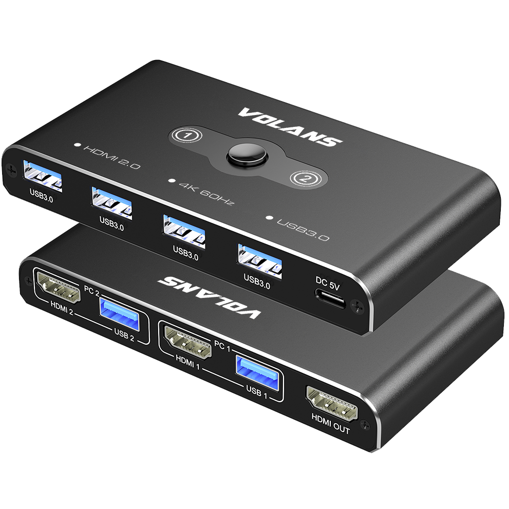 A large main feature product image of Volans Dual HDMI 2.0 (4K@60Hz) KVM Switch with 4xUSB3.0