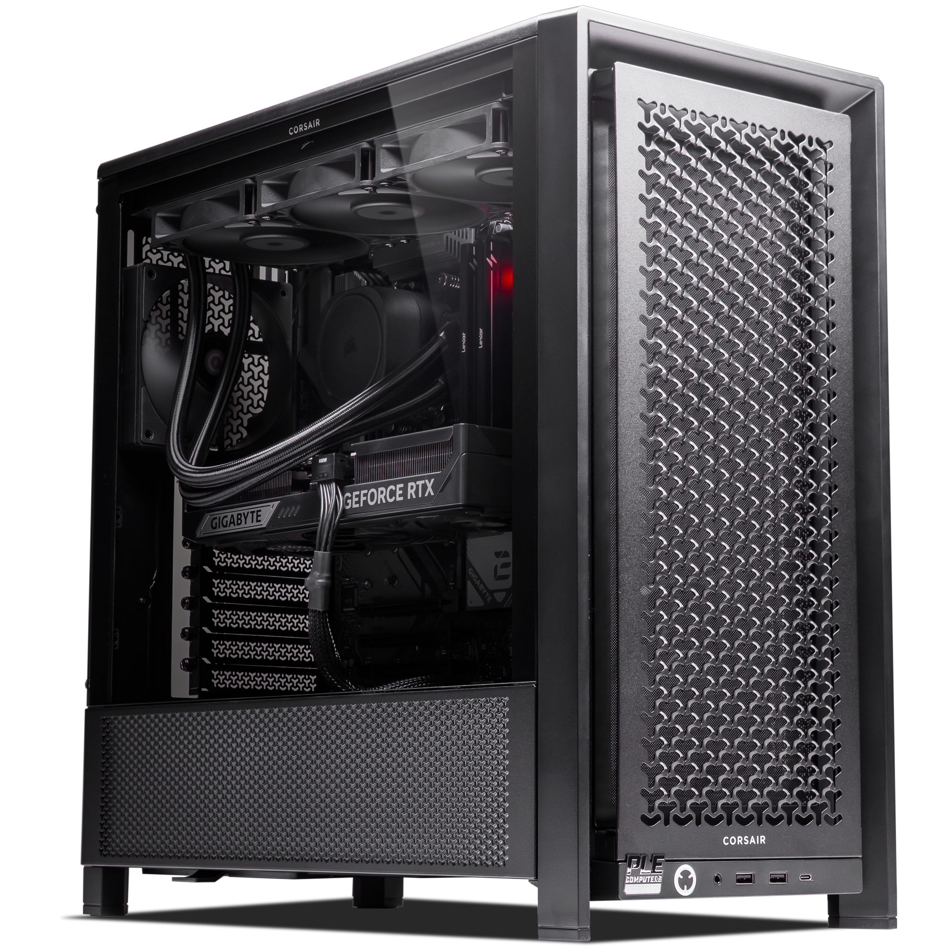 A large main feature product image of PLE Blackout RTX 5080 Prebuilt Ready To Go Gaming PC