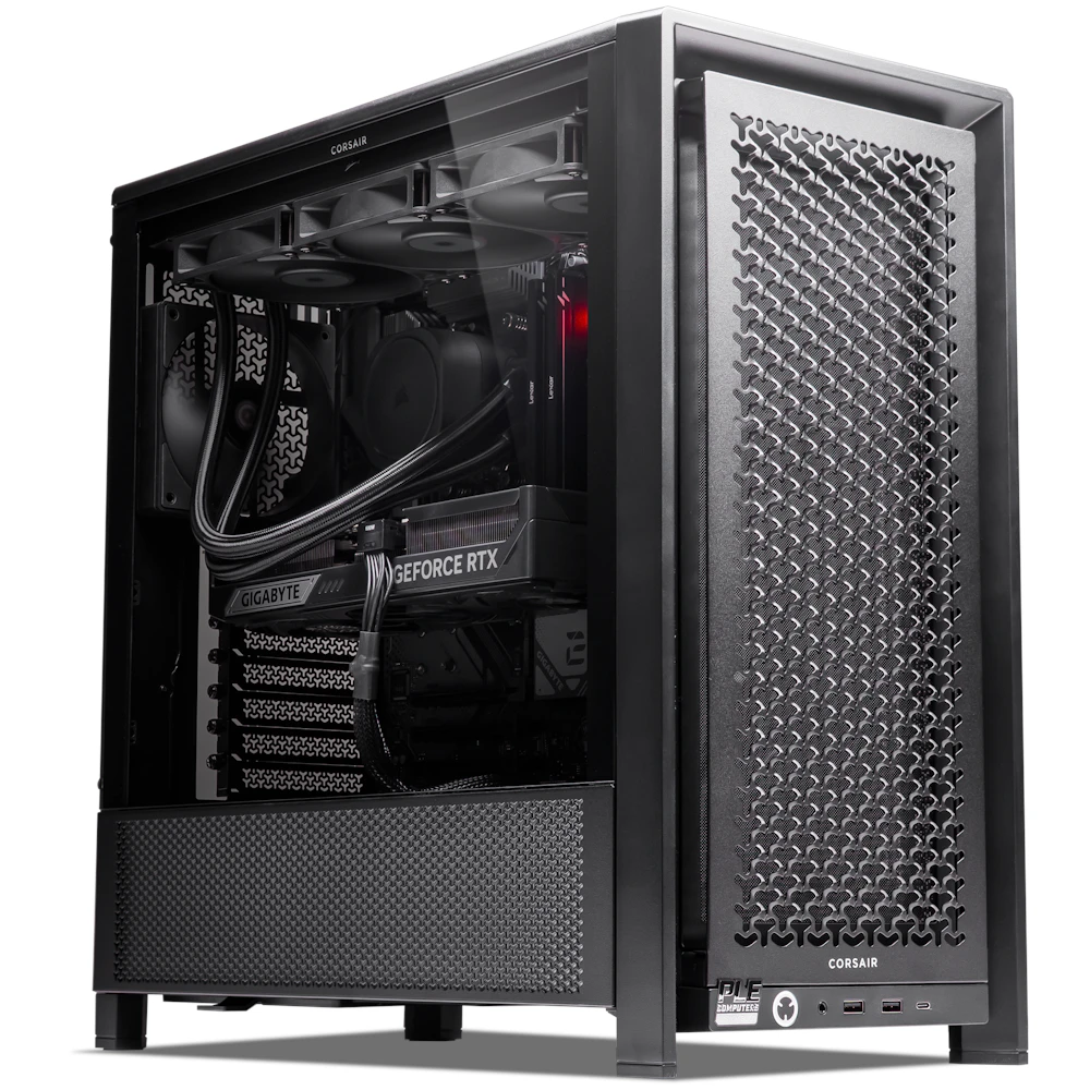 A large main feature product image of PLE Blackout RTX 5080 Prebuilt Ready To Go Gaming PC