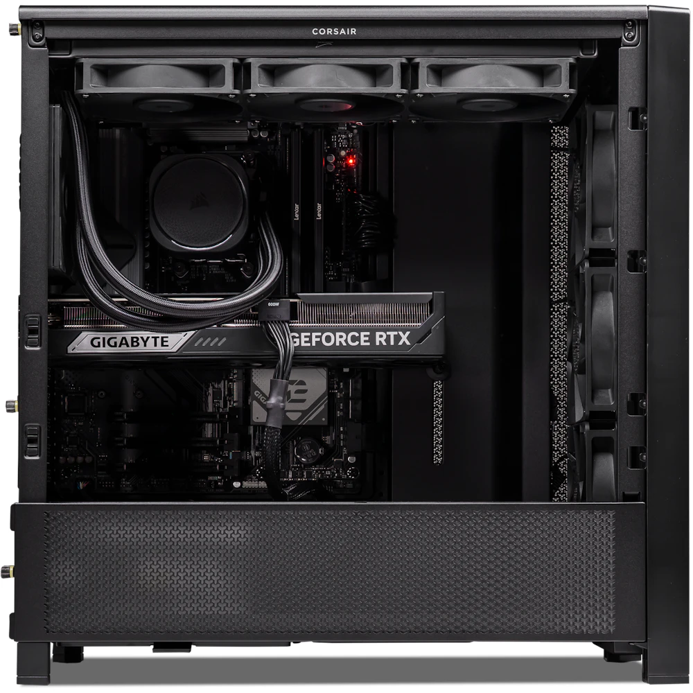 A large main feature product image of PLE Blackout RTX 5080 Prebuilt Ready To Go Gaming PC
