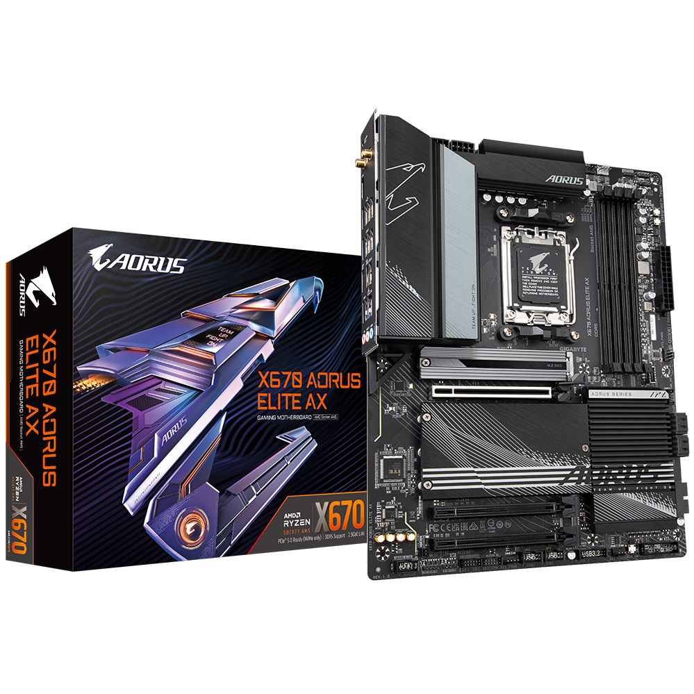 A large main feature product image of EX-DEMO Gigabyte X670 Aorus Elite AX AM5 ATX Desktop Motherboard