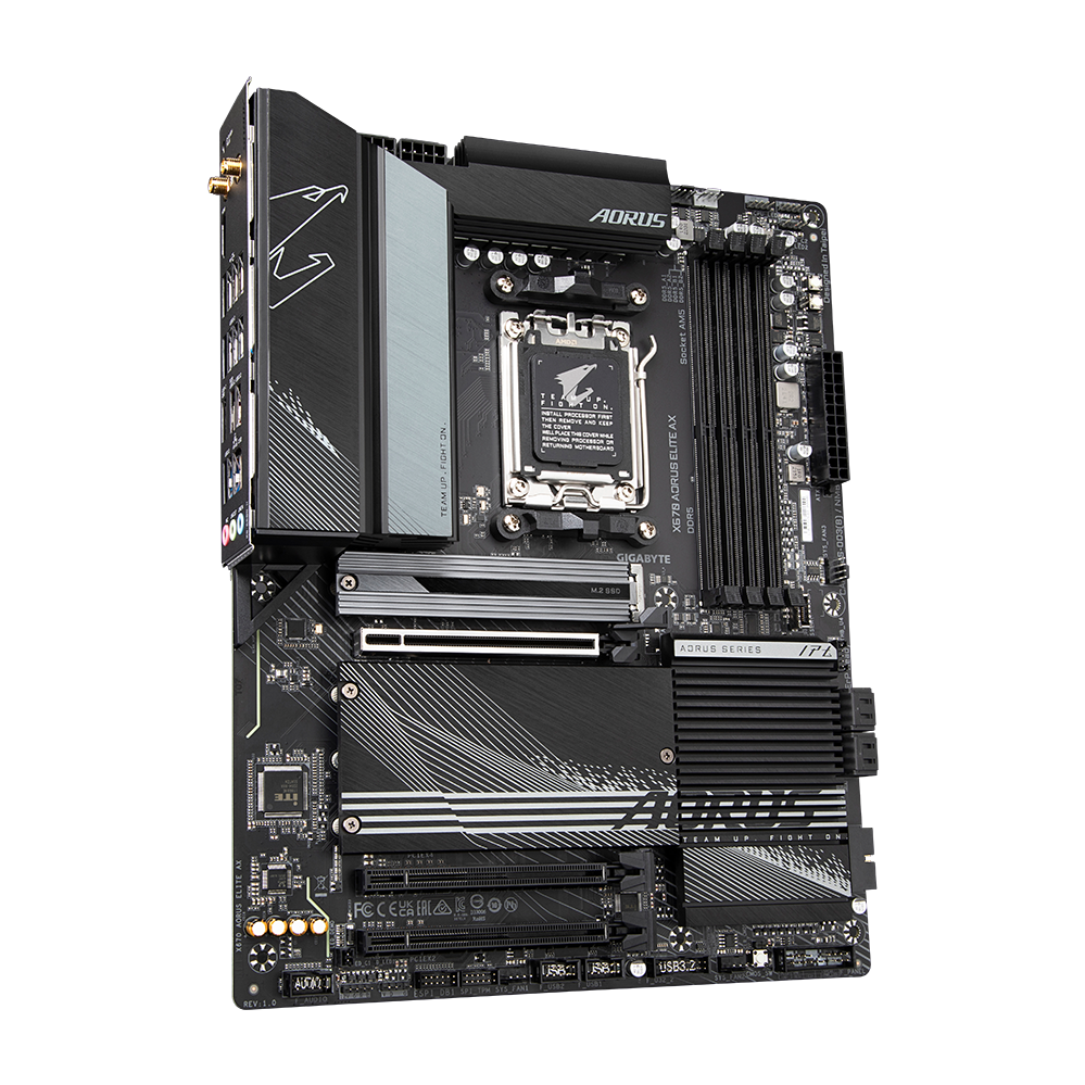 A large main feature product image of EX-DEMO Gigabyte X670 Aorus Elite AX AM5 ATX Desktop Motherboard