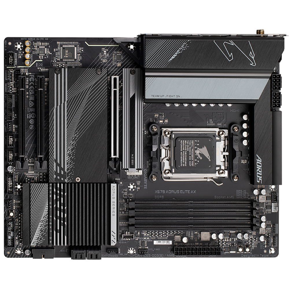 A large main feature product image of EX-DEMO Gigabyte X670 Aorus Elite AX AM5 ATX Desktop Motherboard