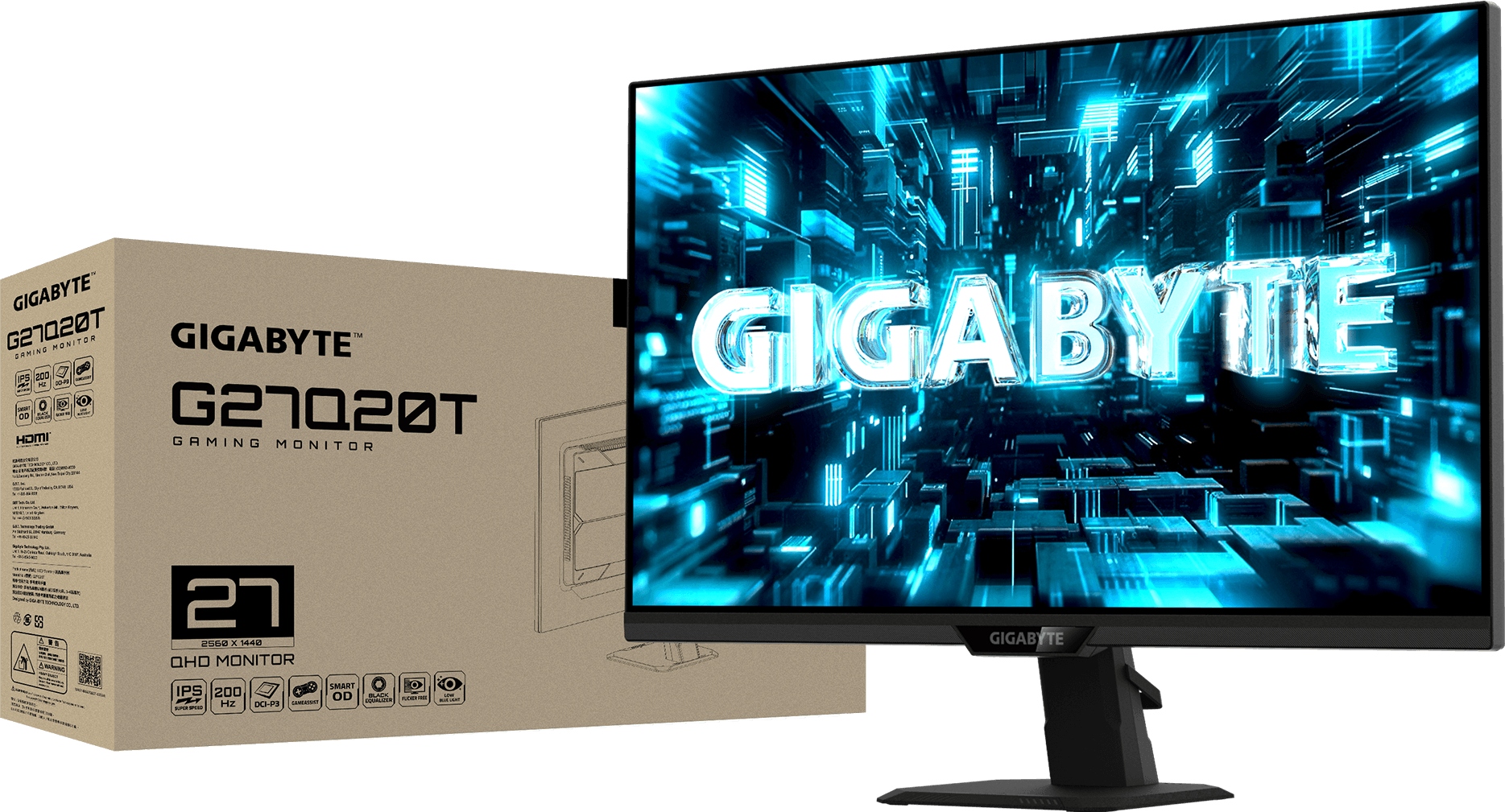 A large main feature product image of Gigabyte G27Q20T - 27" 1440p 210Hz 0.5ms SS IPS Gaming Monitor