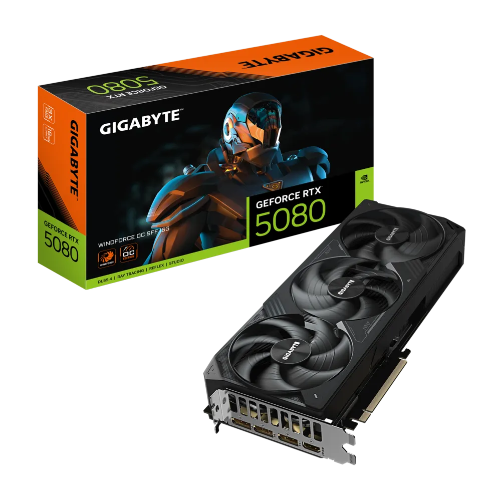 A large main feature product image of EX-DEMO Gigabyte GeForce RTX 5080 Windforce OC SFF 16GB GDDR7