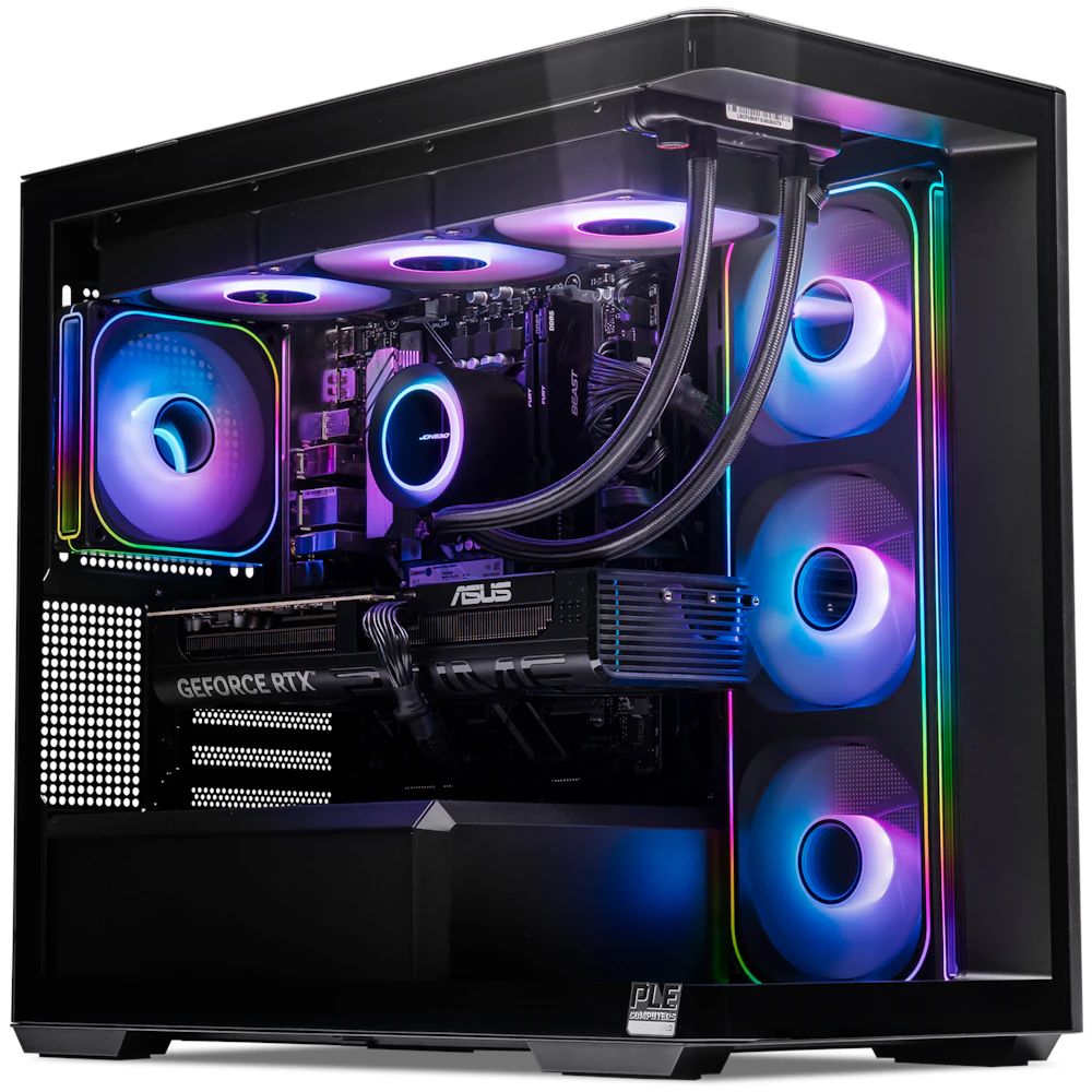 A large main feature product image of PLE Prism RTX 5070 Prebuilt Ready To Go Gaming PC