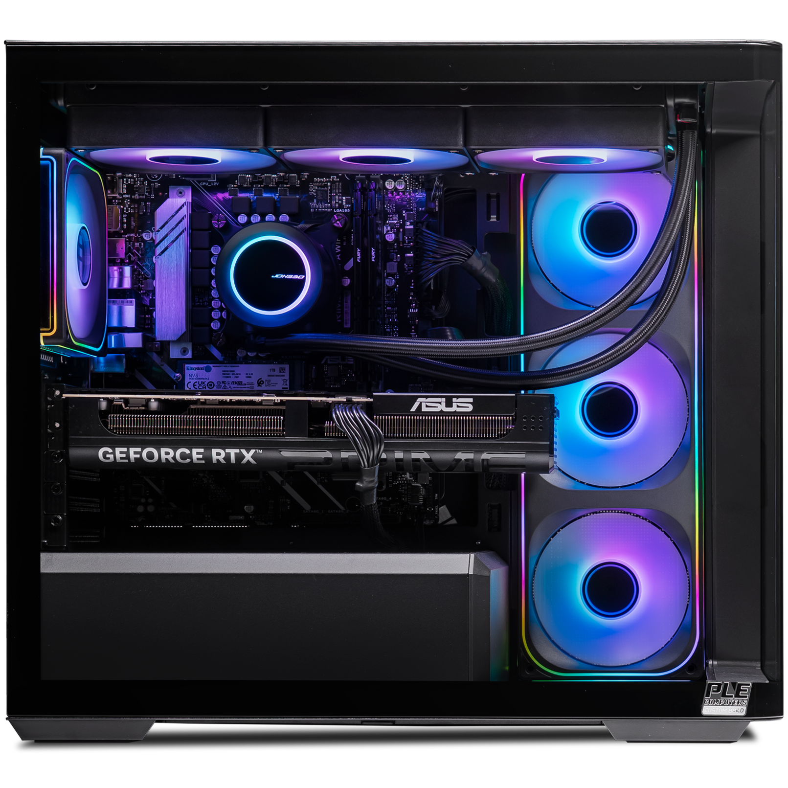 A large main feature product image of PLE Prism RTX 5070 Prebuilt Ready To Go Gaming PC