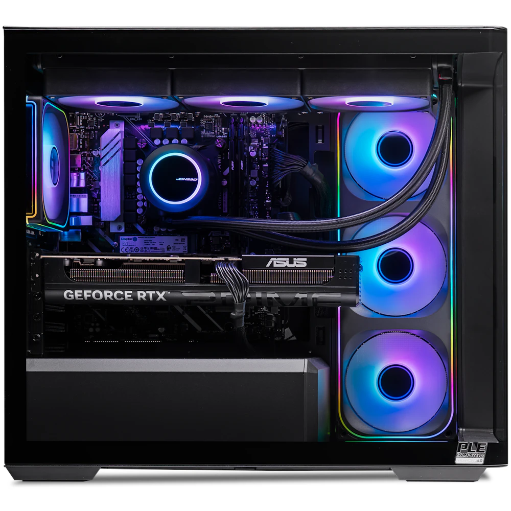 A large main feature product image of PLE Prism RTX 5070 Prebuilt Ready To Go Gaming PC