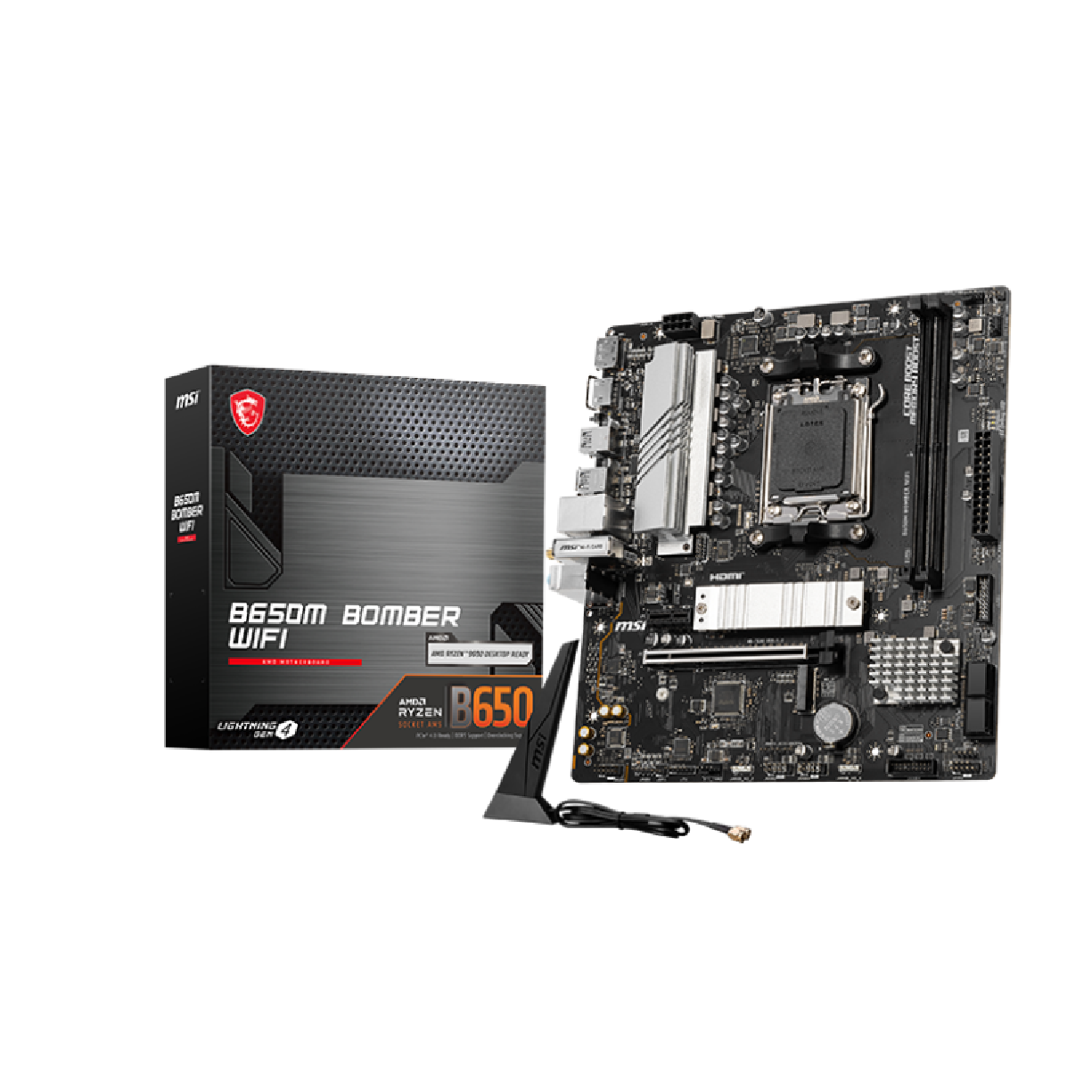 A large main feature product image of EX-DEMO MSI B650M Bomber WiFi AM5 mATX Desktop Motherboard
