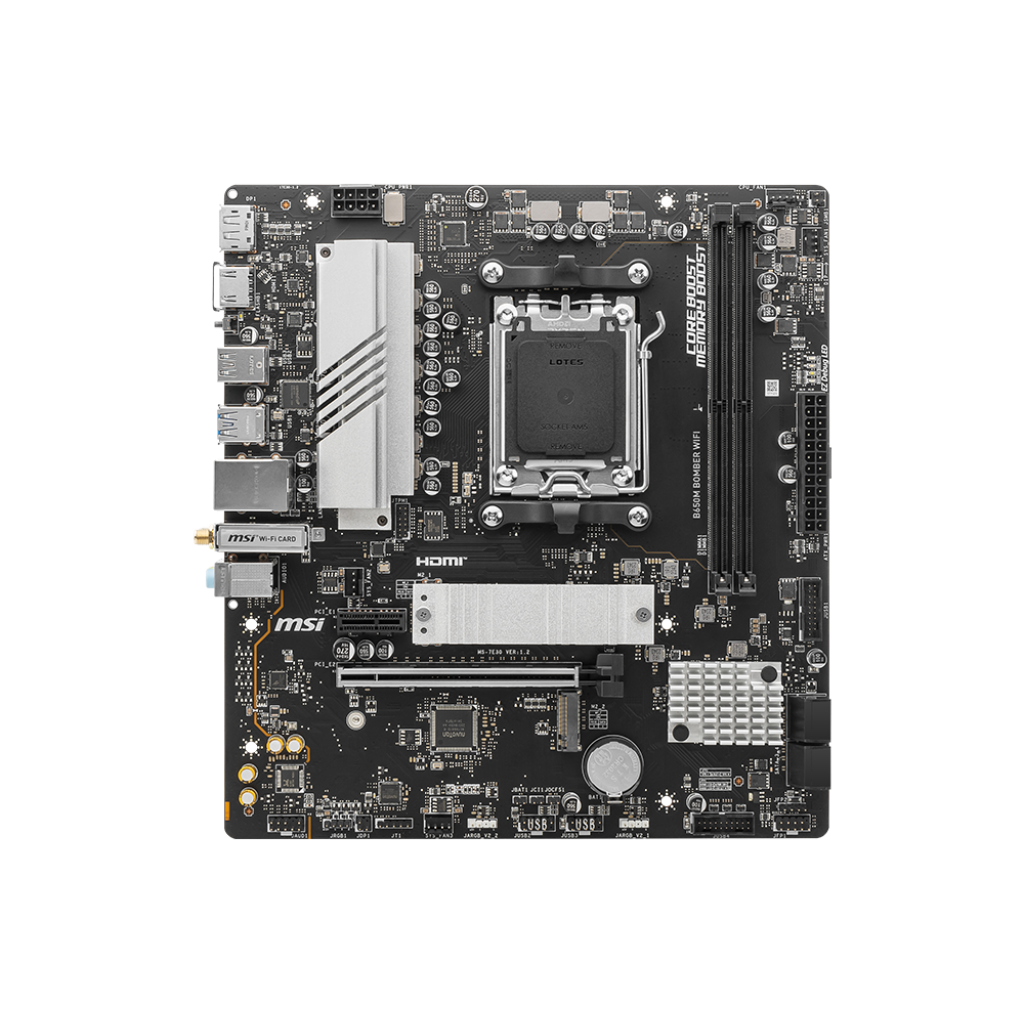 A large main feature product image of EX-DEMO MSI B650M Bomber WiFi AM5 mATX Desktop Motherboard