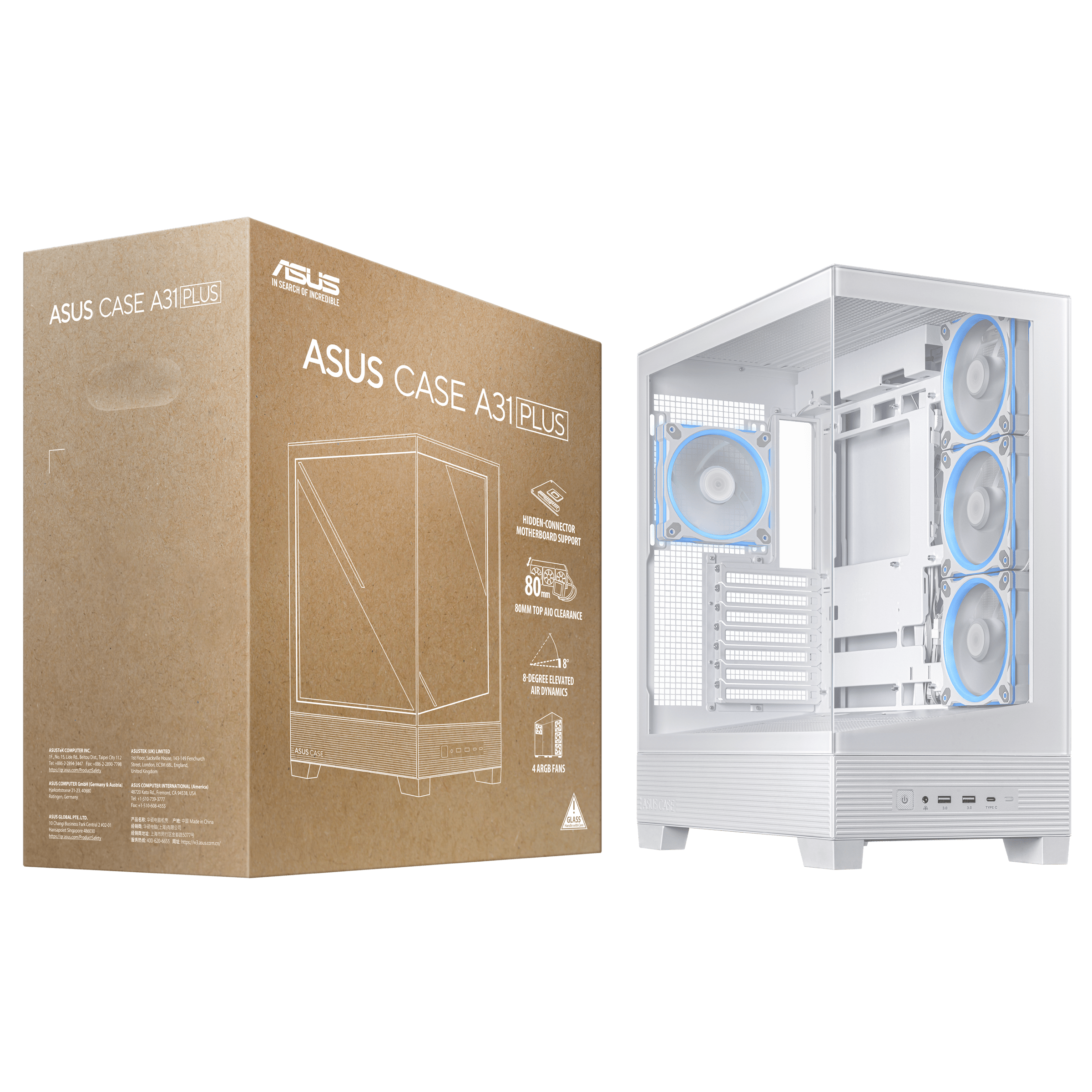 A large main feature product image of ASUS A31 PLUS TG ARGB Mid Tower Case - White