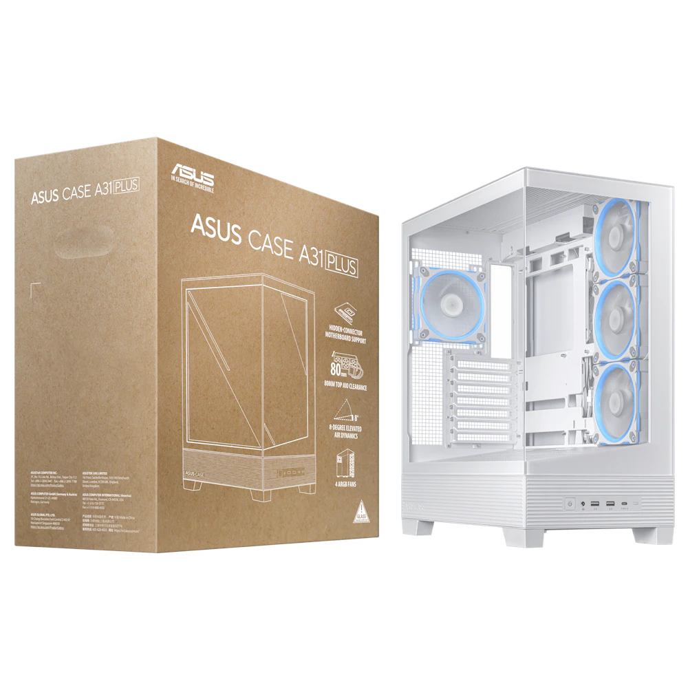 A large main feature product image of ASUS A31 PLUS TG ARGB Mid Tower Case - White