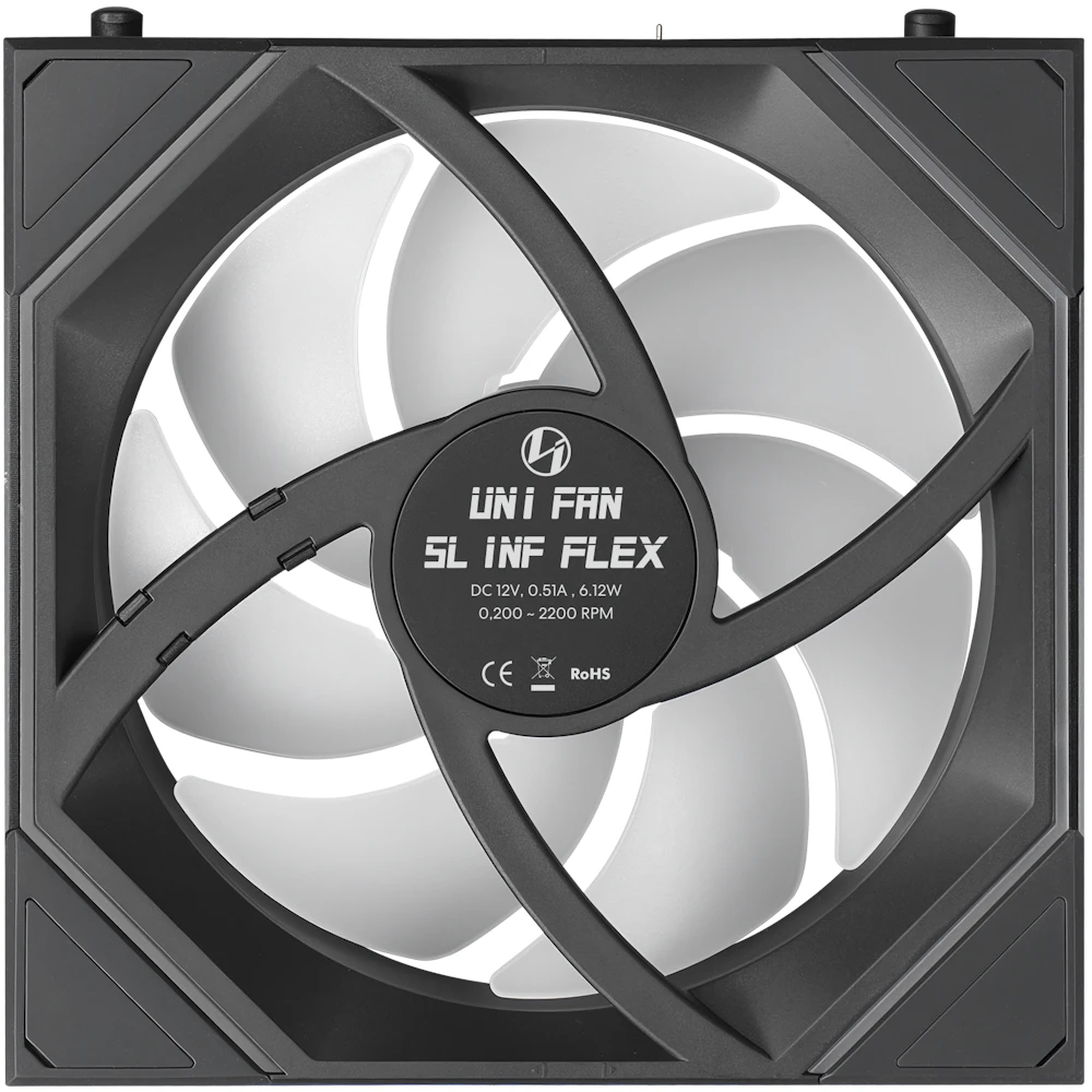 A large main feature product image of Lian Li UNI FAN SL120 INF FLEX - 120mm Modular Wireless PWM Fan 3-Pack (Black)