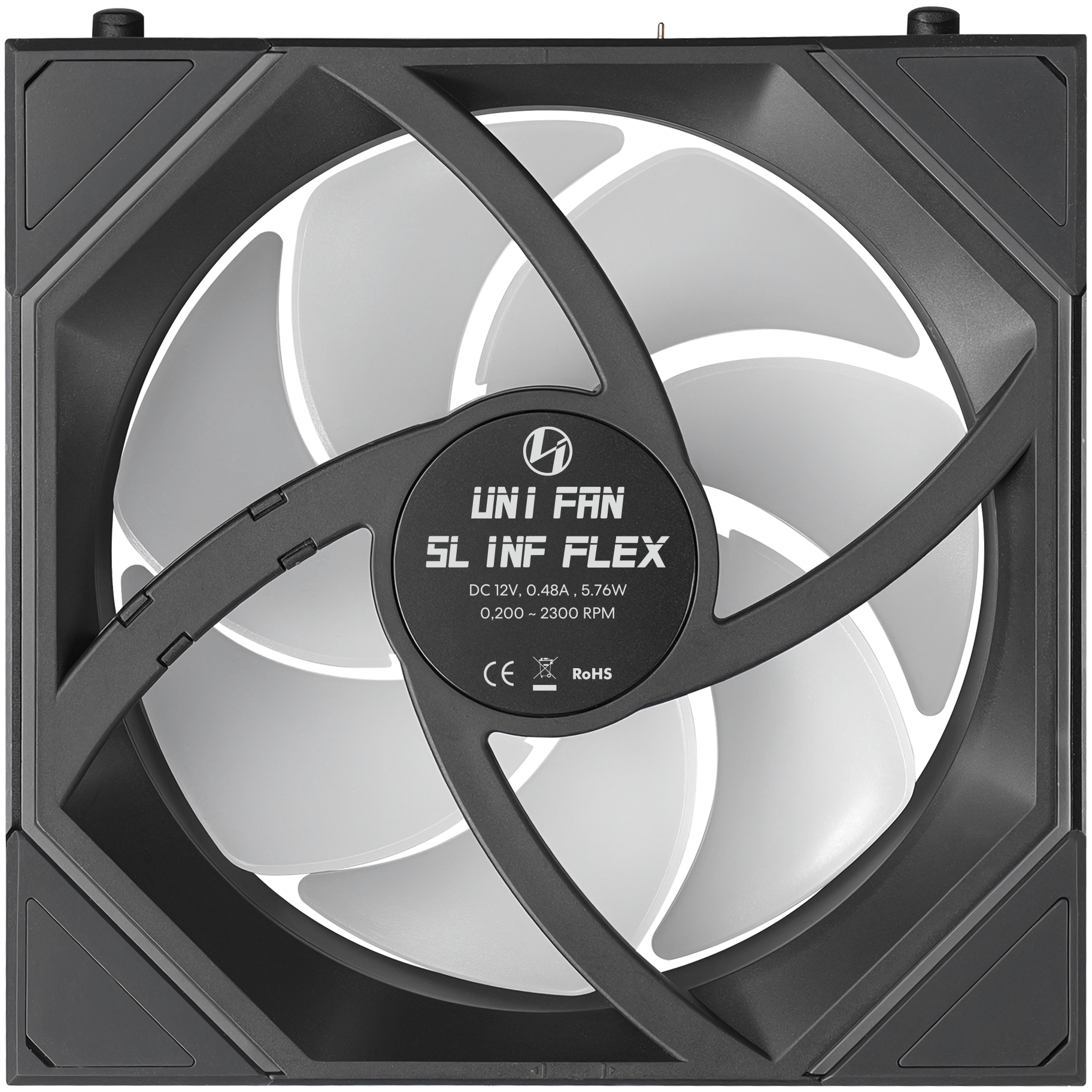 A large main feature product image of Lian Li UNI FAN SL120 INF FLEX - 120mm Modular Wireless PWM Reverse Blade Fan (Black)