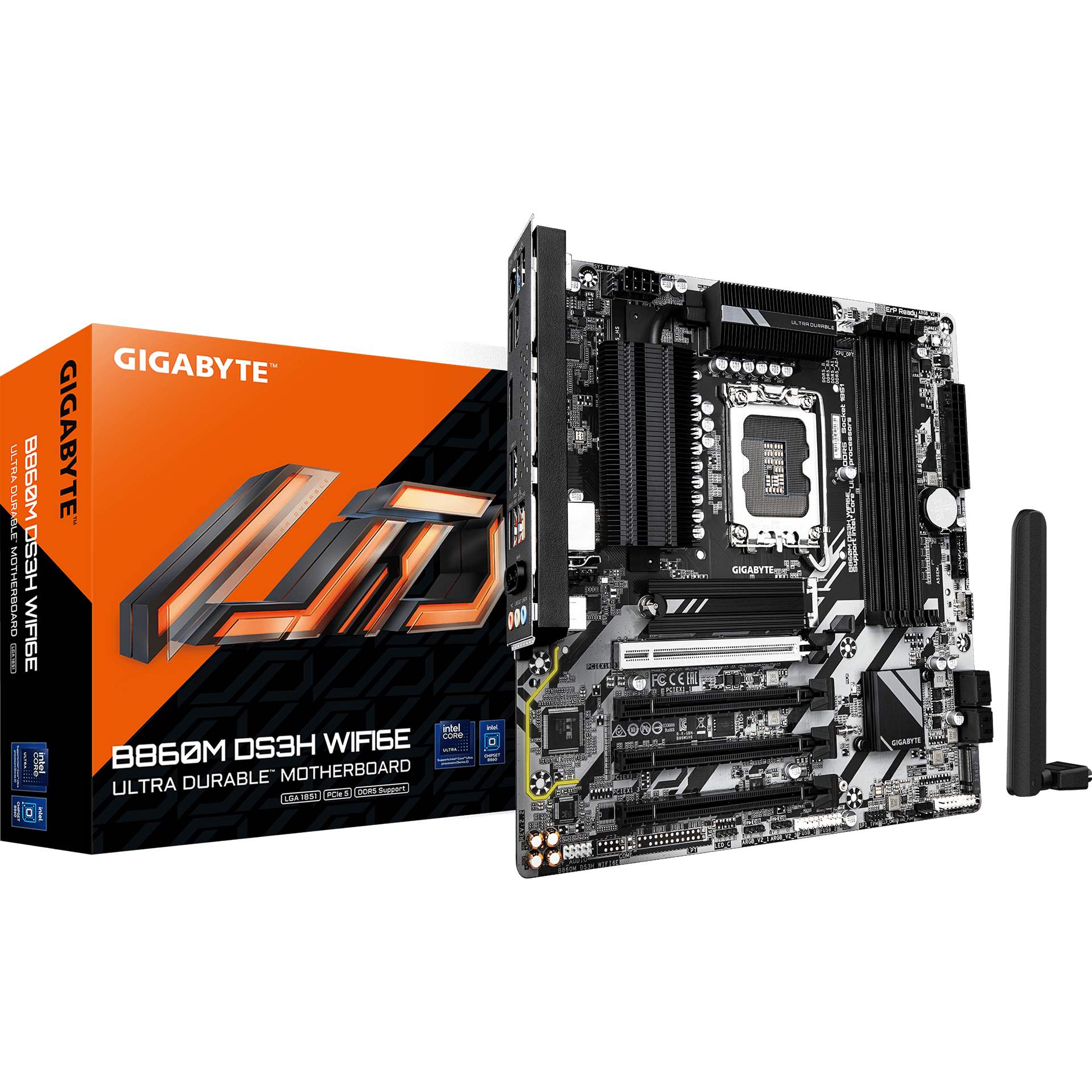 A large main feature product image of Gigabyte B860M DS3H WiFi6E LGA1851 mATX Desktop Motherboard