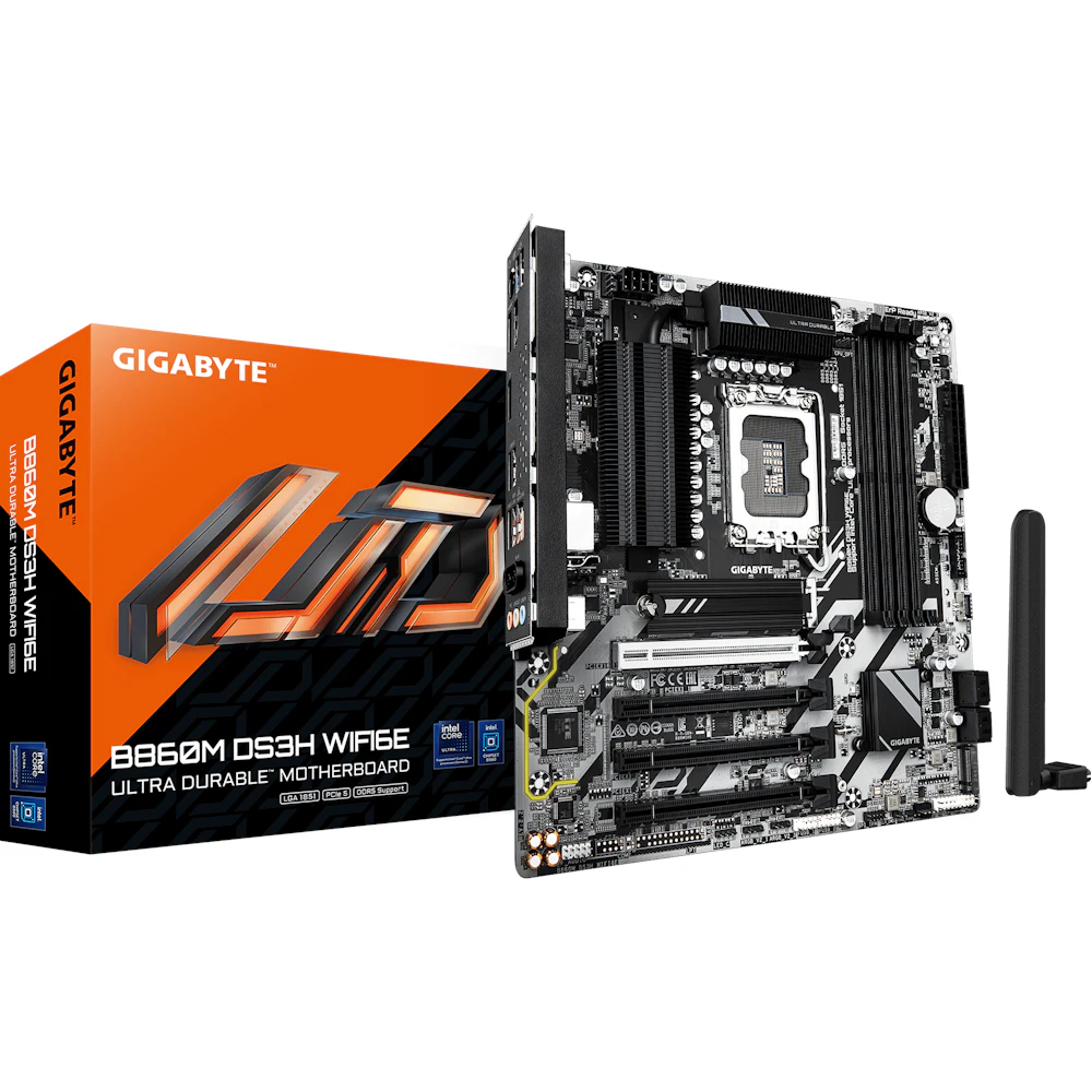 A large main feature product image of Gigabyte B860M DS3H WiFi6E LGA1851 mATX Desktop Motherboard