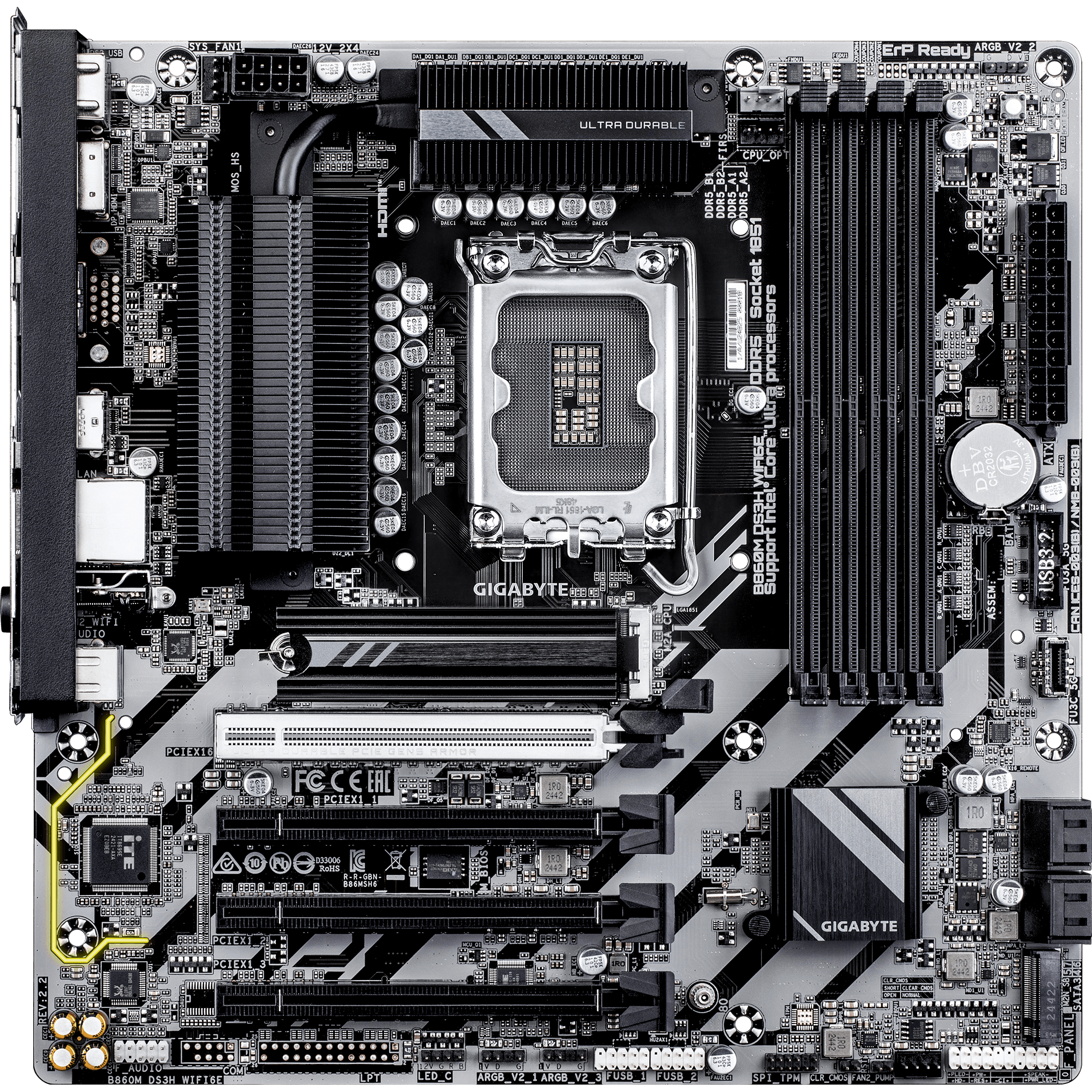 A large main feature product image of Gigabyte B860M DS3H WiFi6E LGA1851 mATX Desktop Motherboard