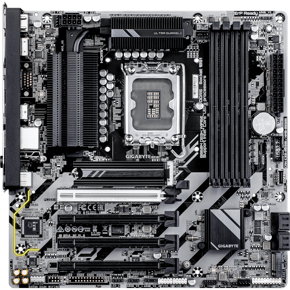 A large main feature product image of Gigabyte B860M DS3H WiFi6E LGA1851 mATX Desktop Motherboard
