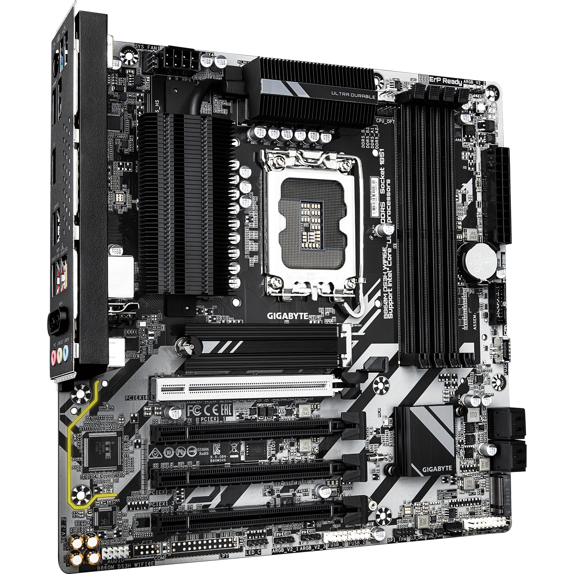 A large main feature product image of Gigabyte B860M DS3H WiFi6E LGA1851 mATX Desktop Motherboard