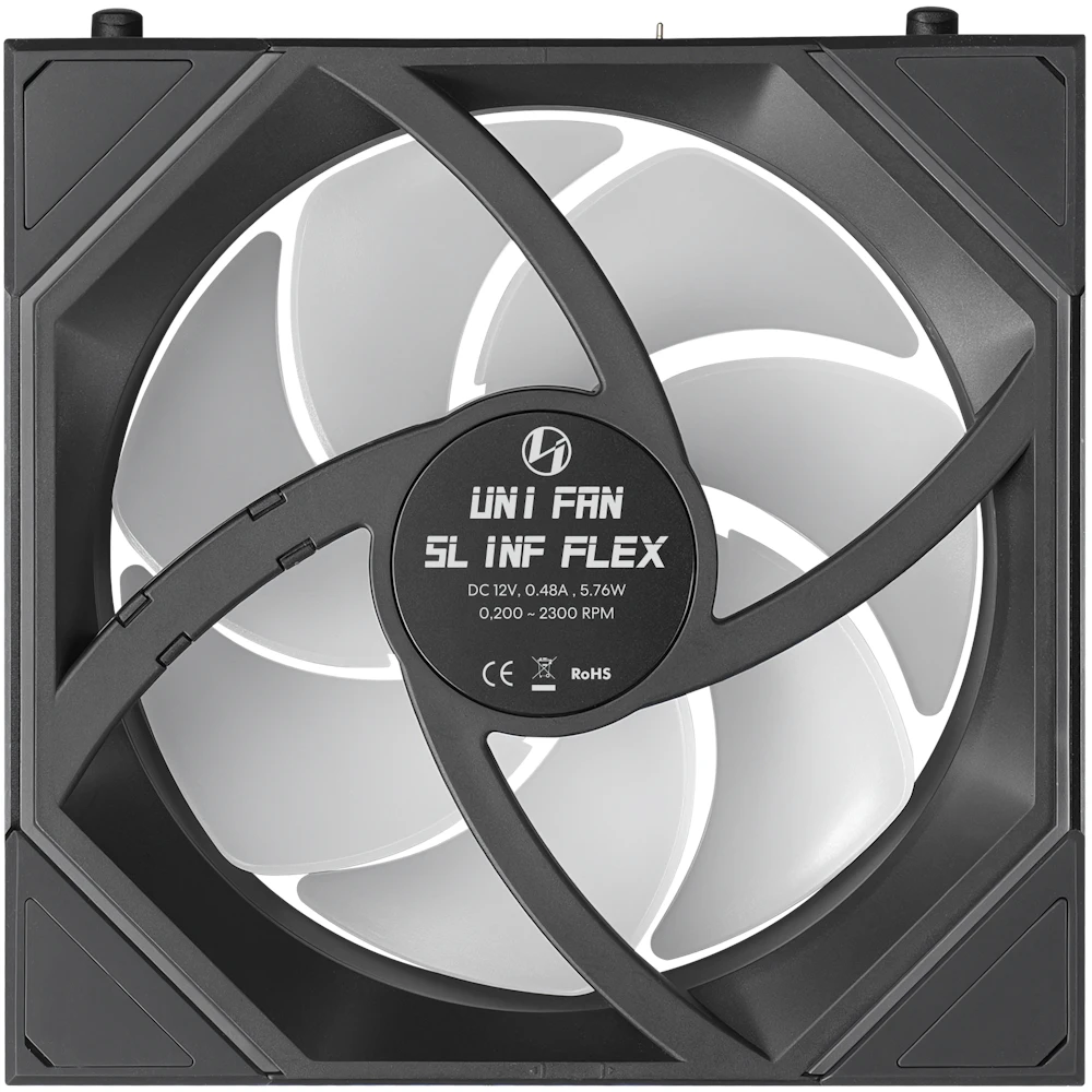 A large main feature product image of Lian Li UNI FAN SL120 INF FLEX - 120mm Modular Wireless PWM Reverse Blade Fan 3-Pack (Black)