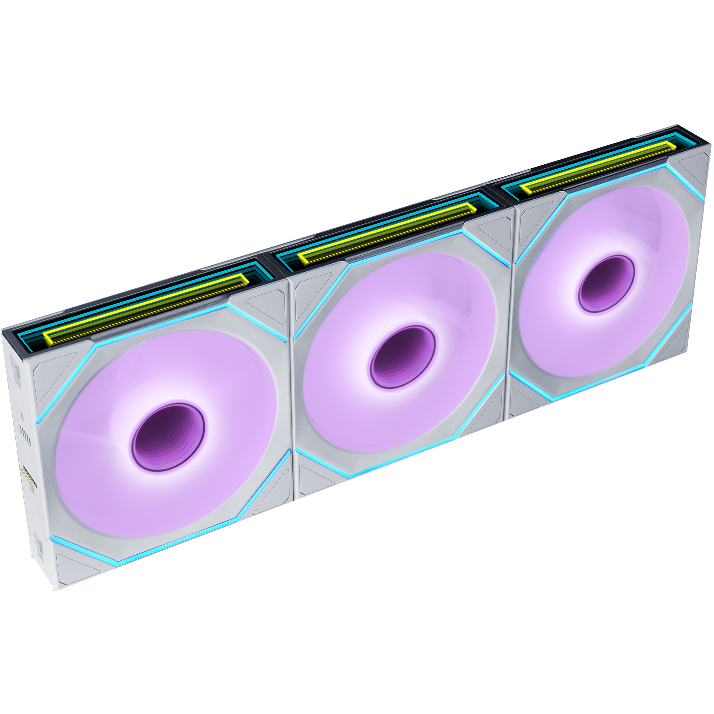 A large main feature product image of Lian Li UNI FAN SL120 INF FLEX - 120mm Modular Wireless PWM Reverse Blade Fan 3-Pack (White)