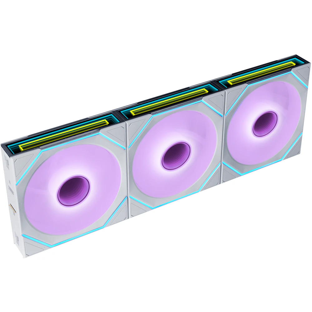 A large main feature product image of Lian Li UNI FAN SL120 INF FLEX - 120mm Modular Wireless PWM Reverse Blade Fan 3-Pack (White)