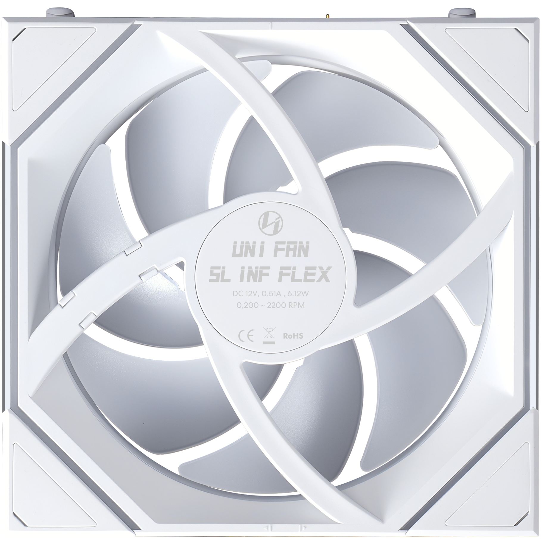 A large main feature product image of Lian Li UNI FAN SL120 INF FLEX - 120mm Modular Wireless PWM Reverse Blade Fan 3-Pack (White)