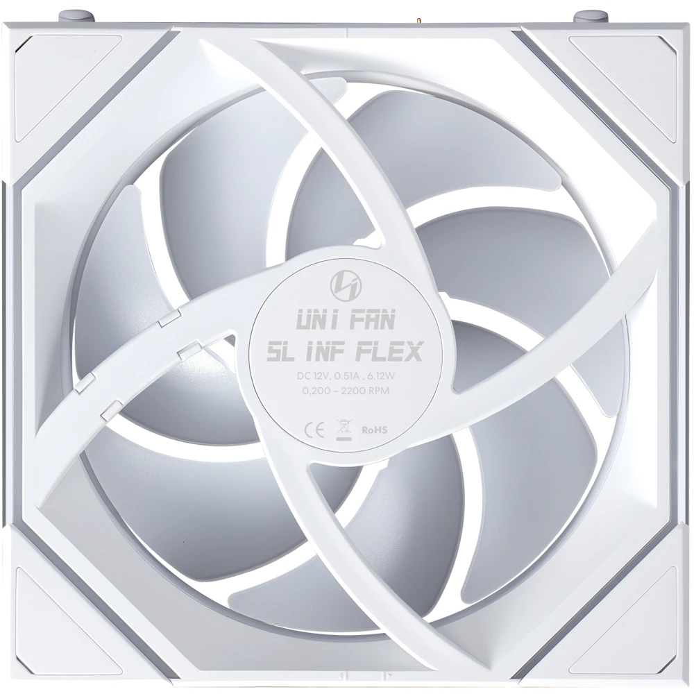 A large main feature product image of Lian Li UNI FAN SL120 INF FLEX - 120mm Modular Wireless PWM Reverse Blade Fan 3-Pack (White)