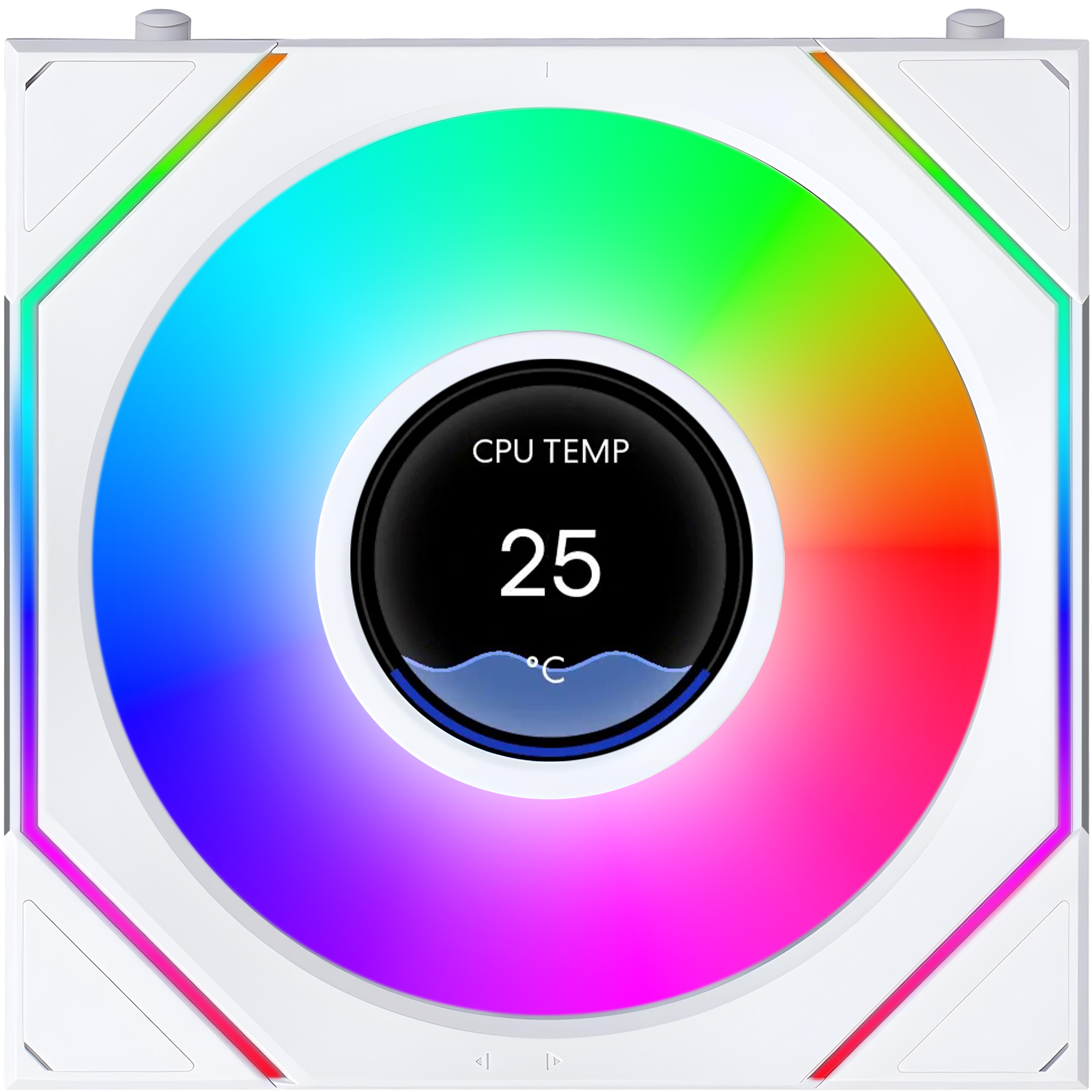 A large main feature product image of Lian Li UNI FAN SL120 INF LCD FLEX - 120mm Modular Wireless PWM Fan (White)