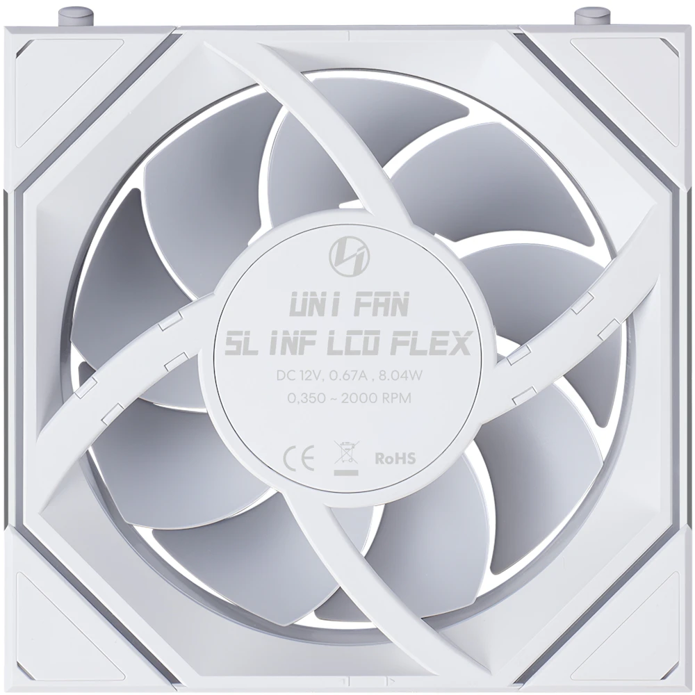 A large main feature product image of Lian Li UNI FAN SL120 INF LCD FLEX - 120mm Modular Wireless PWM Fan (White)