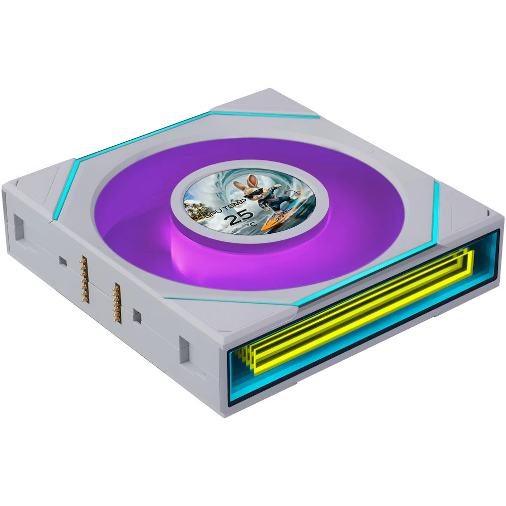A large main feature product image of Lian Li UNI FAN SL120 INF LCD FLEX - 120mm Modular Wireless PWM Fan (White)