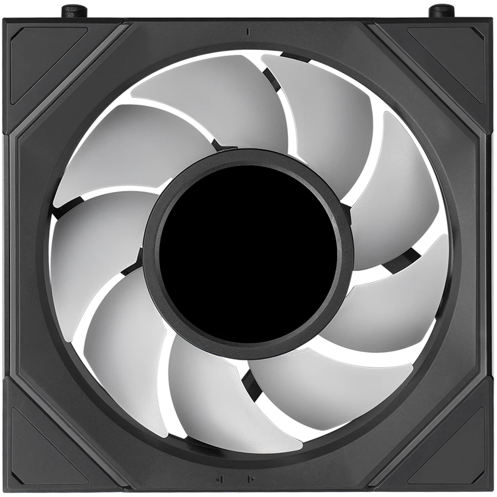 A large main feature product image of Lian Li UNI FAN SL120 INF LCD FLEX - 120mm Modular Wireless PWM Fan 3-Pack (Black)