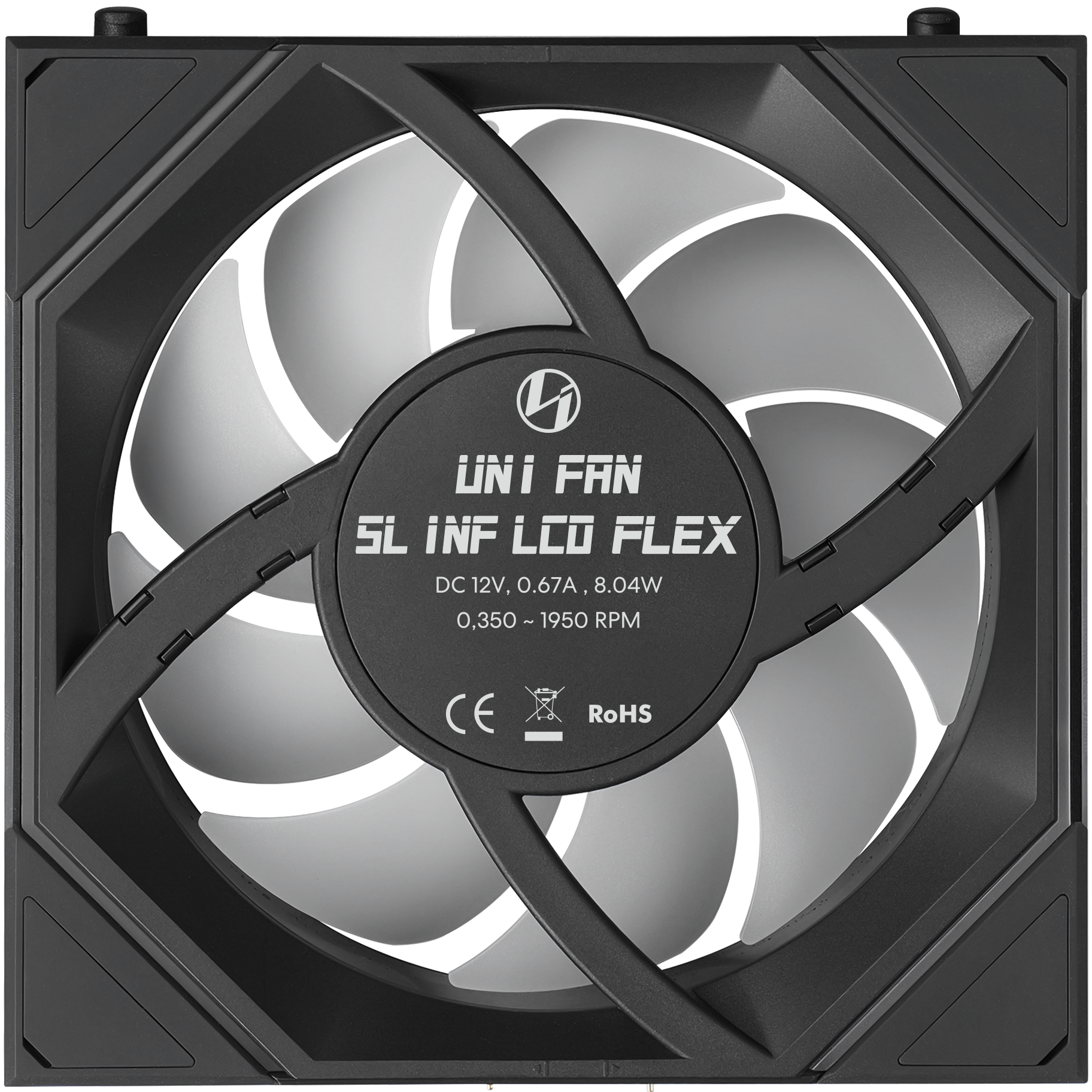 A large main feature product image of Lian Li UNI FAN SL120 INF LCD FLEX - 120mm Modular Wireless PWM Fan 3-Pack (Black)