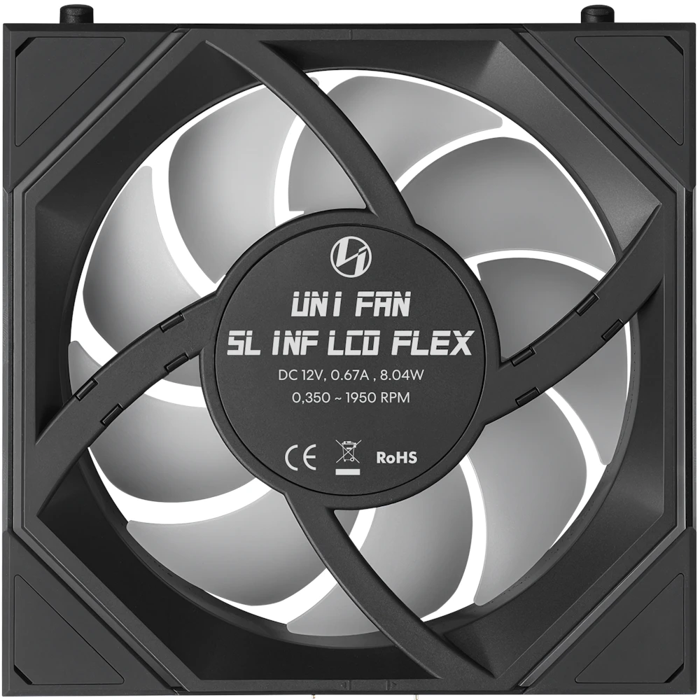A large main feature product image of Lian Li UNI FAN SL120 INF LCD FLEX - 120mm Modular Wireless PWM Fan 3-Pack (Black)