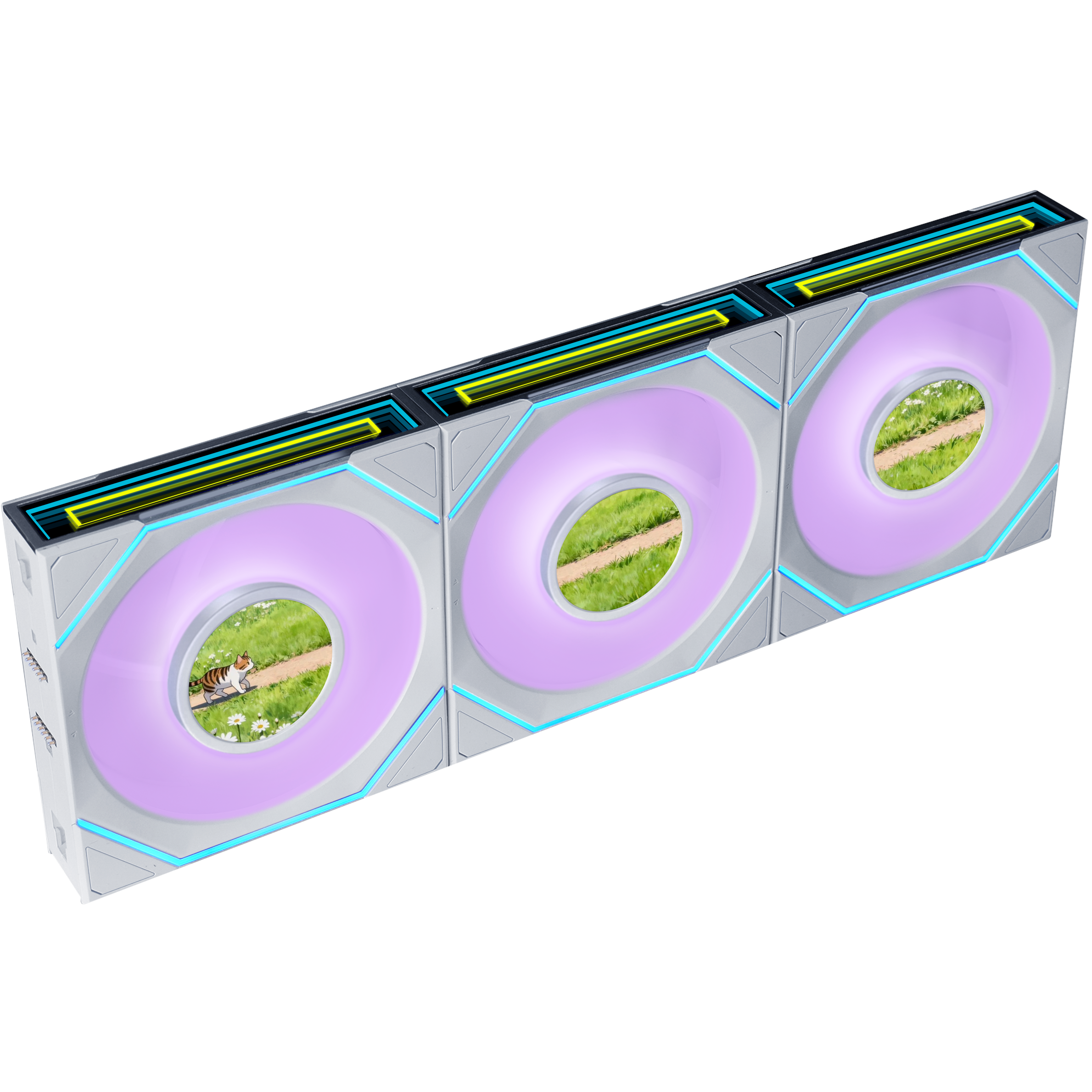 A large main feature product image of Lian Li UNI FAN SL120 INF LCD FLEX - 120mm Modular Wireless PWM Fan 3-Pack (White)