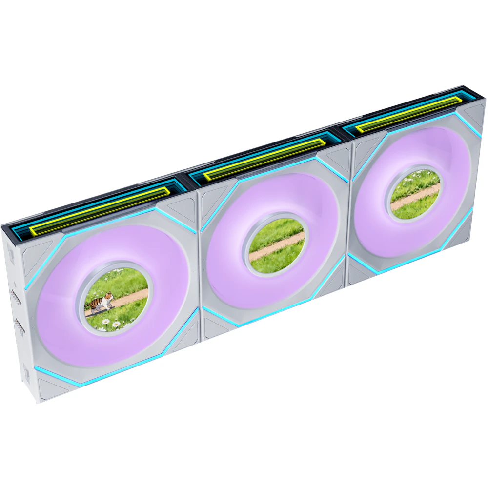 A large main feature product image of Lian Li UNI FAN SL120 INF LCD FLEX - 120mm Modular Wireless PWM Fan 3-Pack (White)