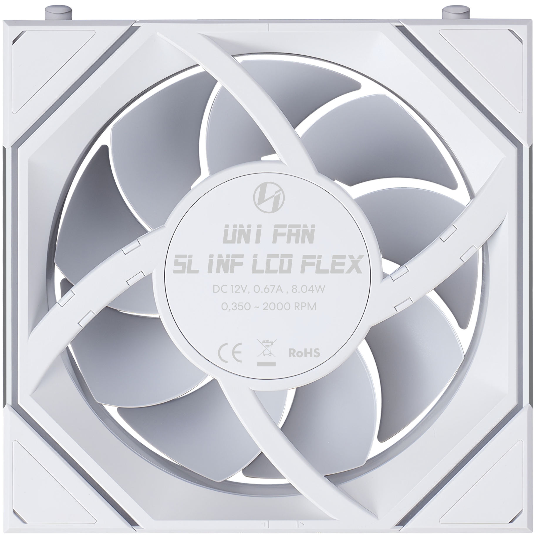 A large main feature product image of Lian Li UNI FAN SL120 INF LCD FLEX - 120mm Modular Wireless PWM Fan 3-Pack (White)
