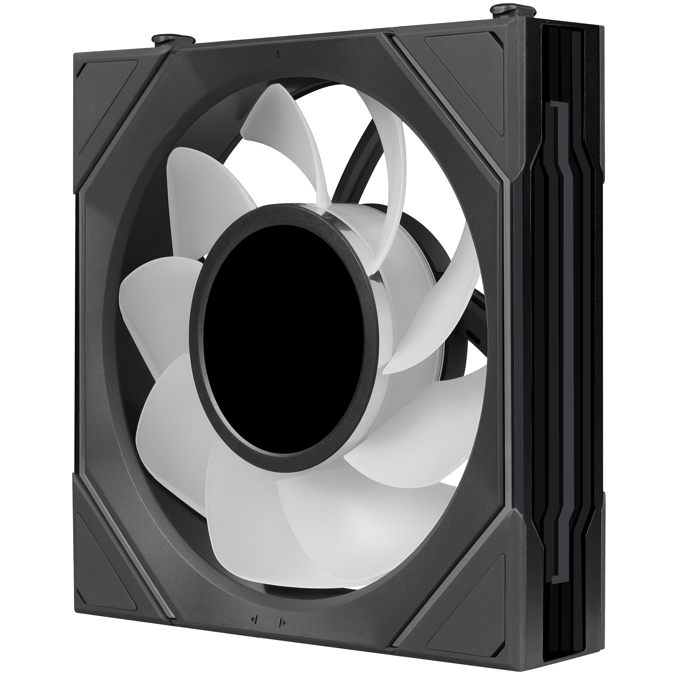 A large main feature product image of Lian Li UNI FAN SL120 INF LCD FLEX - 120mm Modular Wireless PWM Reverse Blade Fan (Black)
