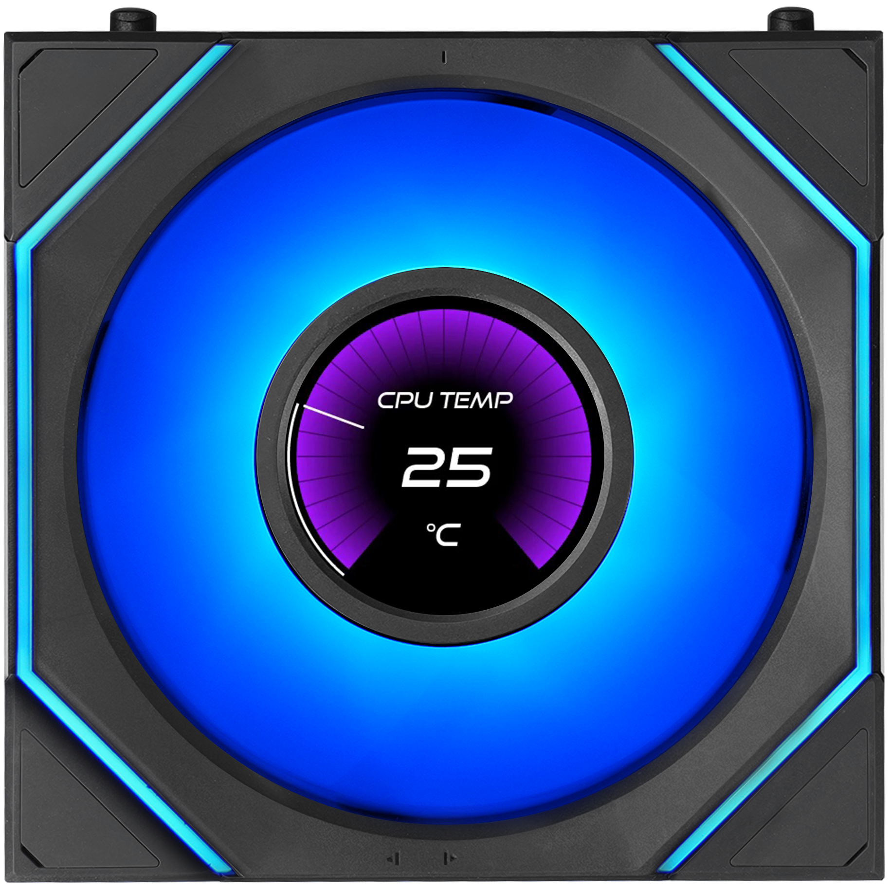 A large main feature product image of Lian Li UNI FAN SL120 INF LCD FLEX - 120mm Modular Wireless PWM Reverse Blade Fan (Black)
