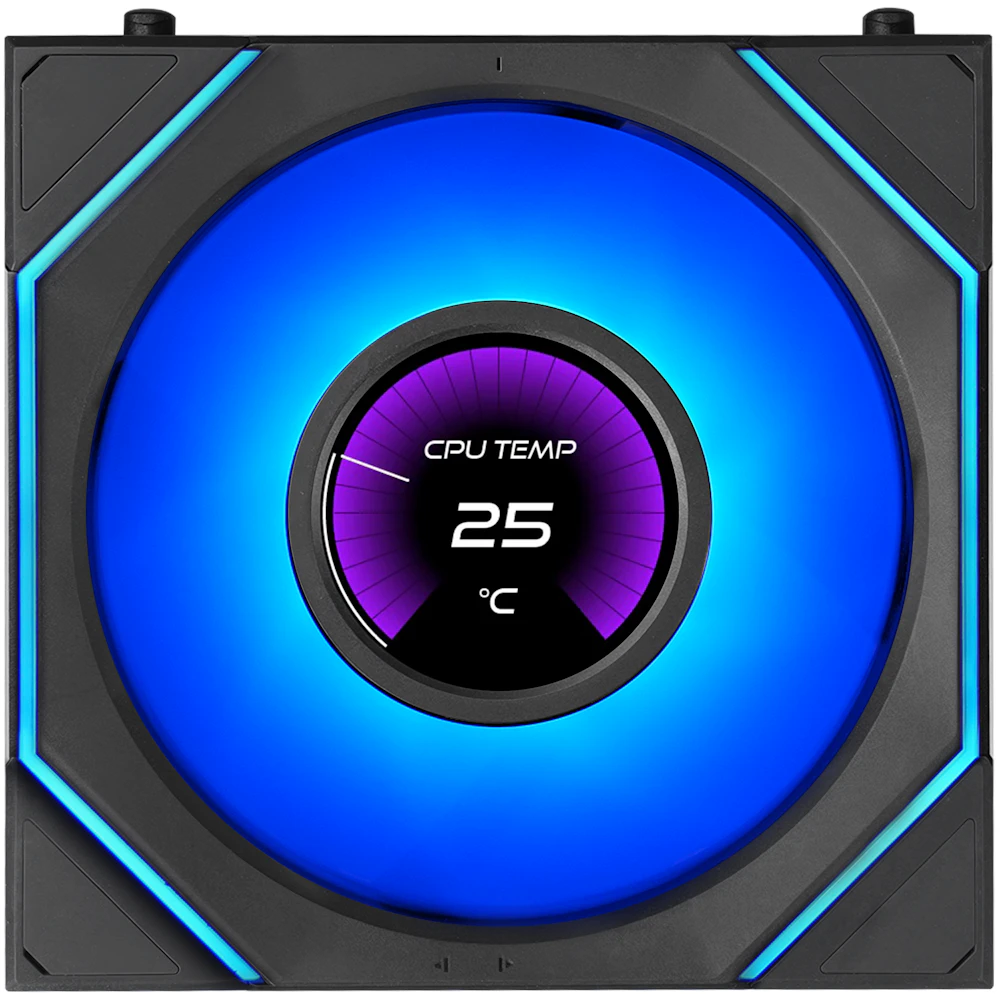 A large main feature product image of Lian Li UNI FAN SL120 INF LCD FLEX - 120mm Modular Wireless PWM Reverse Blade Fan (Black)