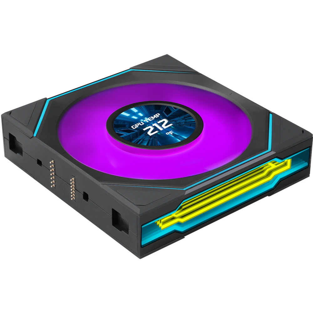 A large main feature product image of Lian Li UNI FAN SL120 INF LCD FLEX - 120mm Modular Wireless PWM Reverse Blade Fan (Black)