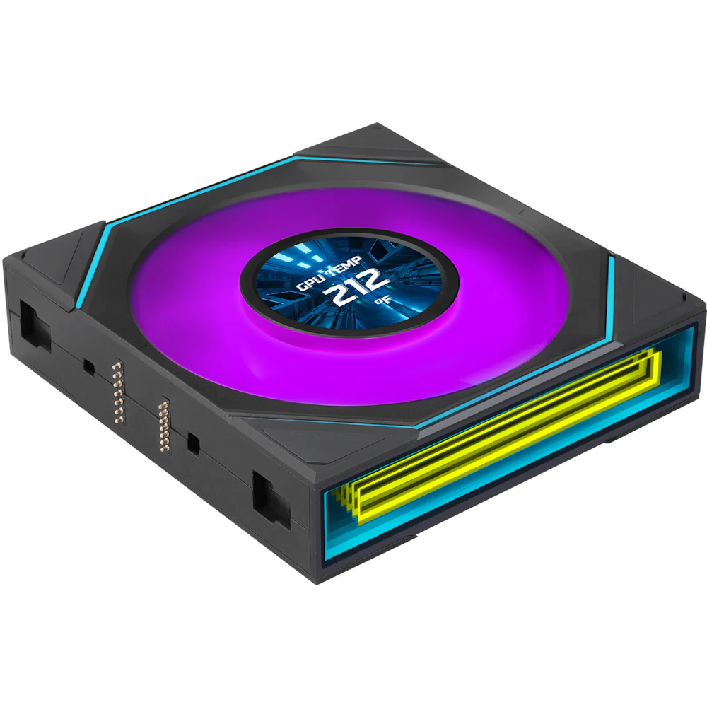 A large main feature product image of Lian Li UNI FAN SL120 INF LCD FLEX - 120mm Modular Wireless PWM Reverse Blade Fan (Black)