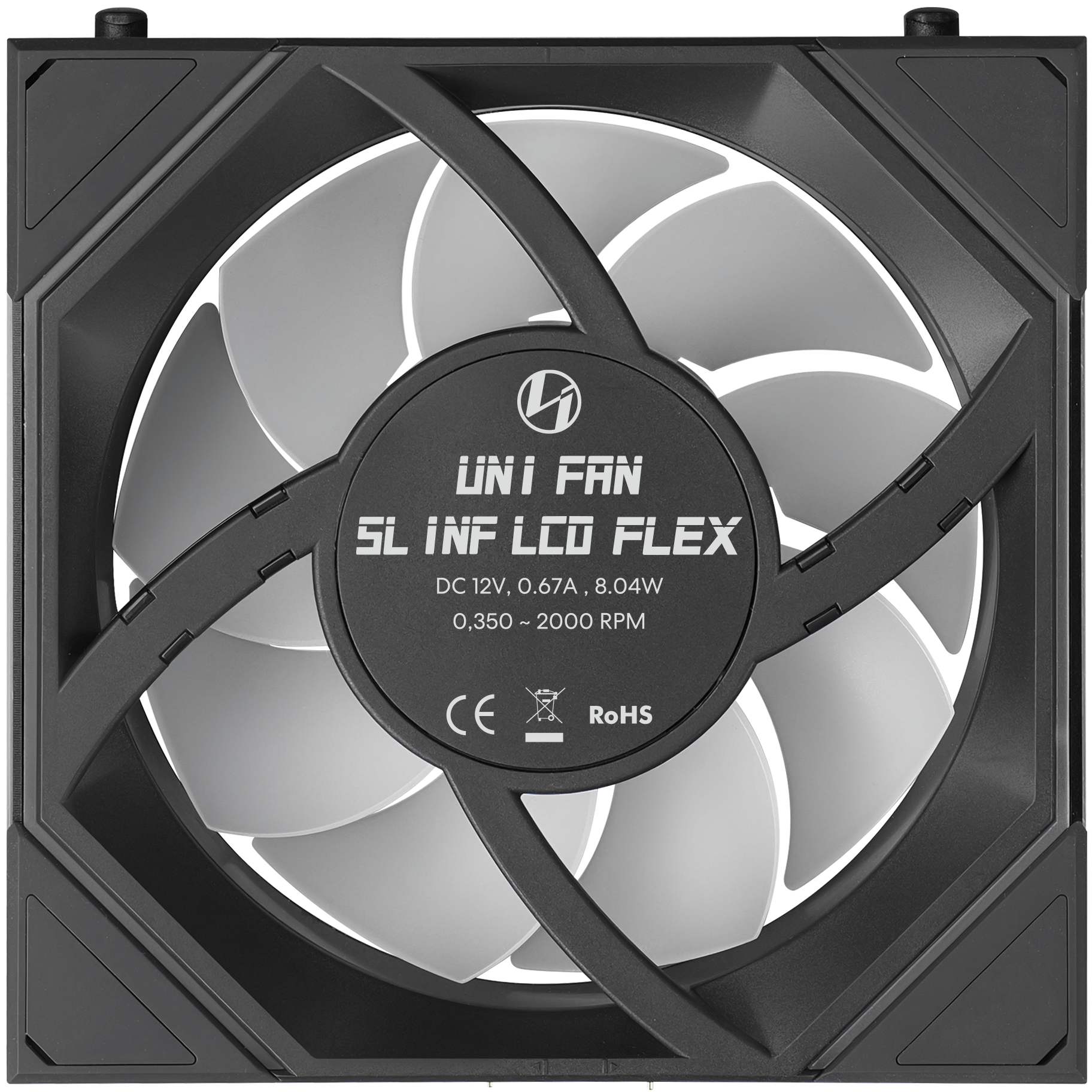 A large main feature product image of Lian Li UNI FAN SL120 INF LCD FLEX - 120mm Modular Wireless PWM Reverse Blade Fan (Black)