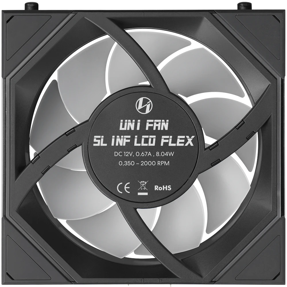 A large main feature product image of Lian Li UNI FAN SL120 INF LCD FLEX - 120mm Modular Wireless PWM Reverse Blade Fan (Black)