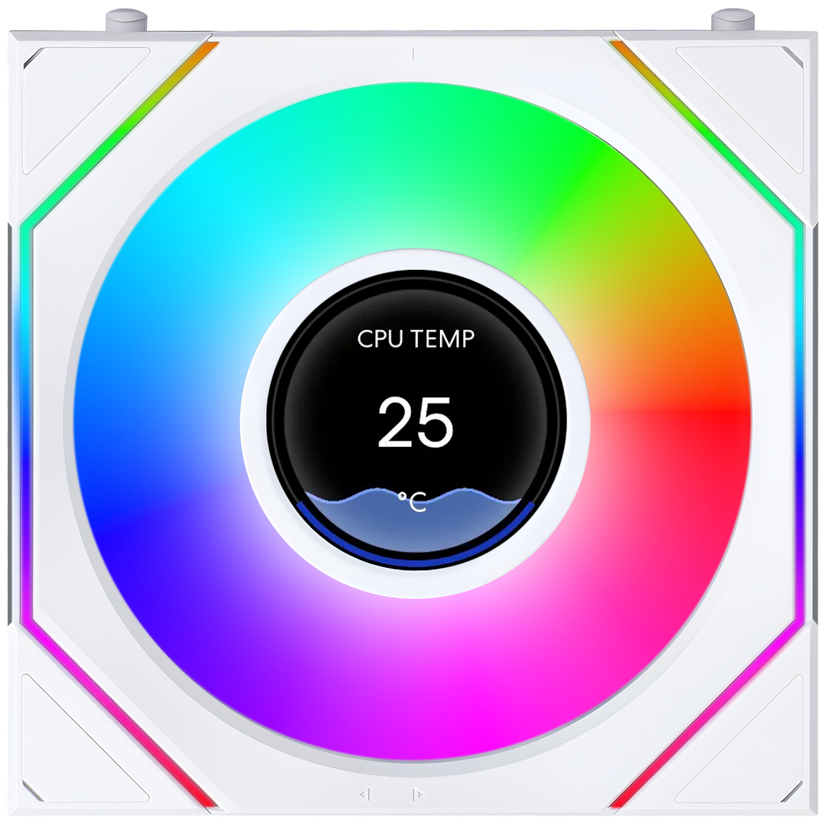 A large main feature product image of Lian LIi UNI FAN SL120 INF LCD FLEX - 120mm Modular Wireless PWM Reverse Blade Fan (White)