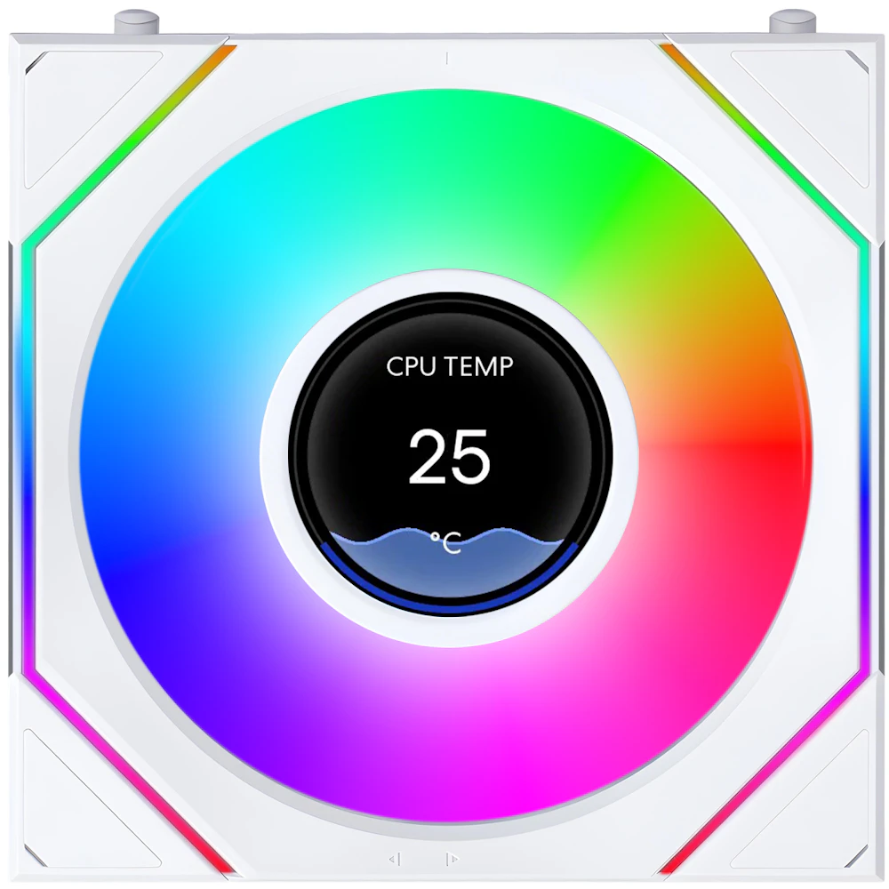 A large main feature product image of Lian LIi UNI FAN SL120 INF LCD FLEX - 120mm Modular Wireless PWM Reverse Blade Fan (White)