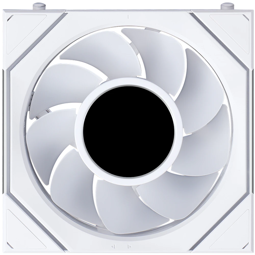 A large main feature product image of Lian Li UNI FAN SL120 INF LCD FLEX - 120mm Modular Wireless PWM Reverse Blade Fan (White)