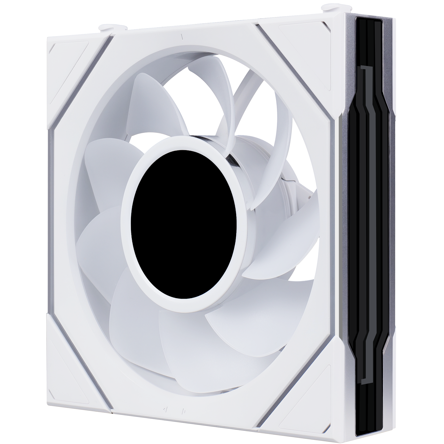 A large main feature product image of Lian LIi UNI FAN SL120 INF LCD FLEX - 120mm Modular Wireless PWM Reverse Blade Fan (White)
